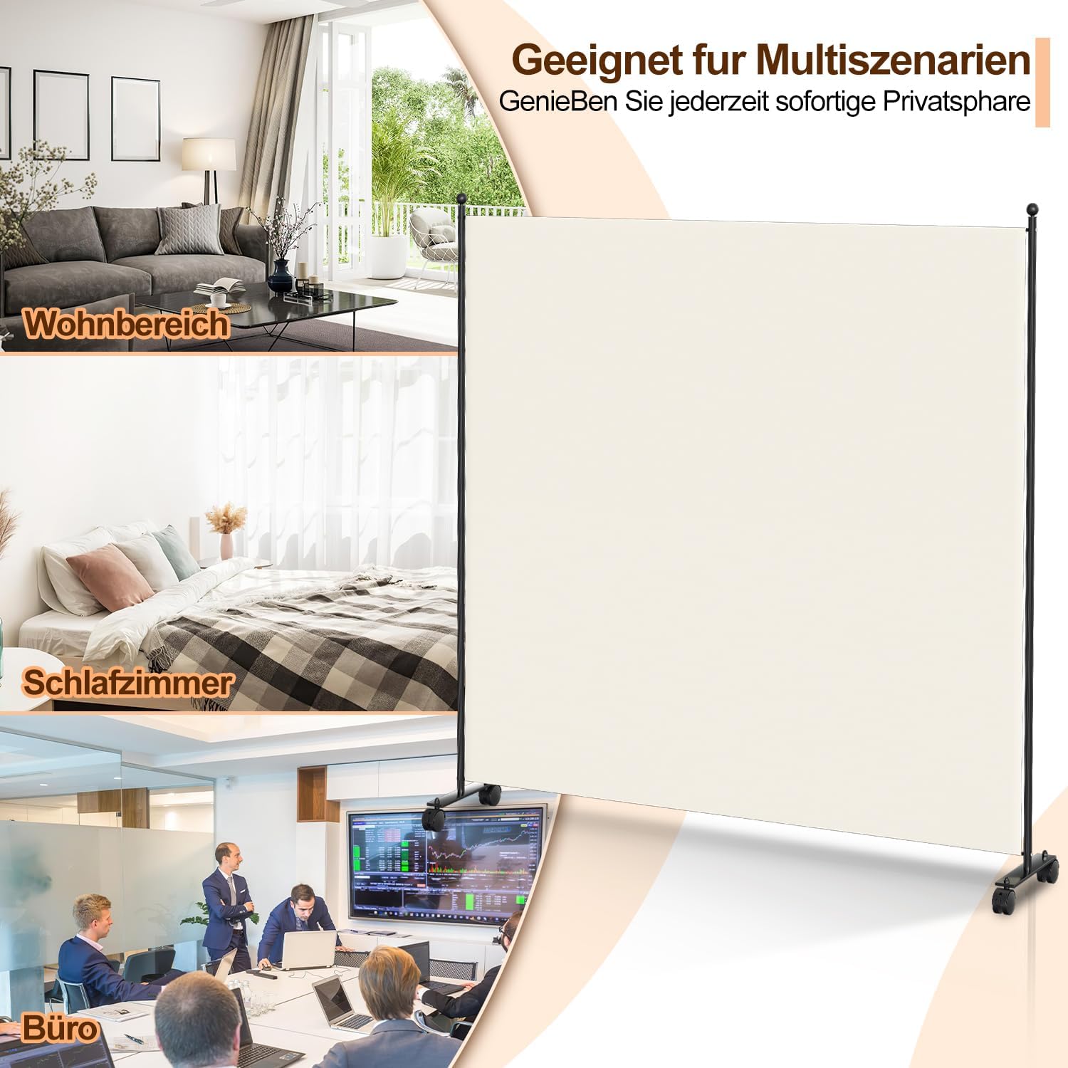 Thumbnail 6 de Vigevee Paravent: divisorio pieghevole indipendente, 187 x 181 cm, beige – mobilità e flessibilità per uffici, balconi e living