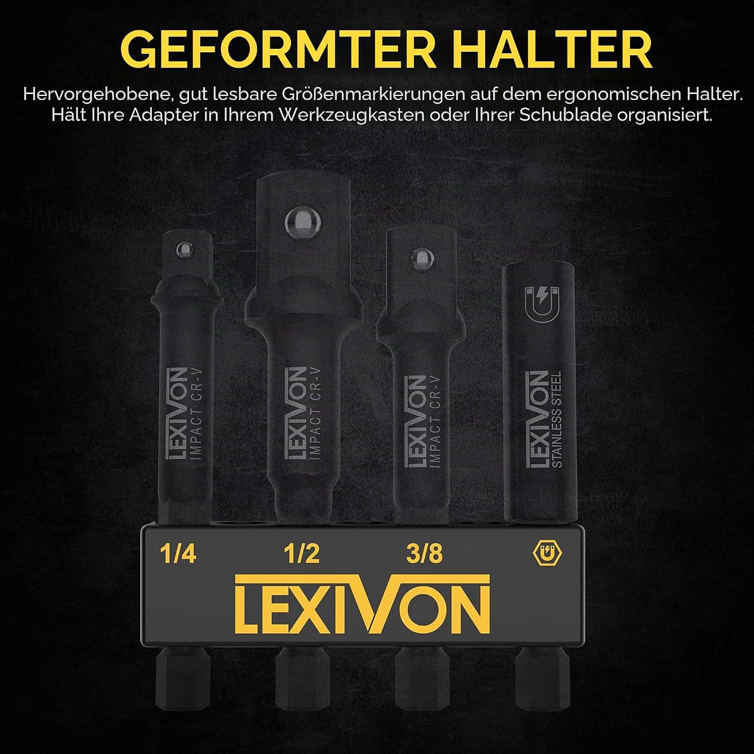 Thumbnail 2 de LEXIVON Impact Stecknuss-Adapter Set (4-teilig) mit Magnetic Bit-Halter: 1/4", 3/8" und 1/2" Drive auf 1/4" Hex Schaft