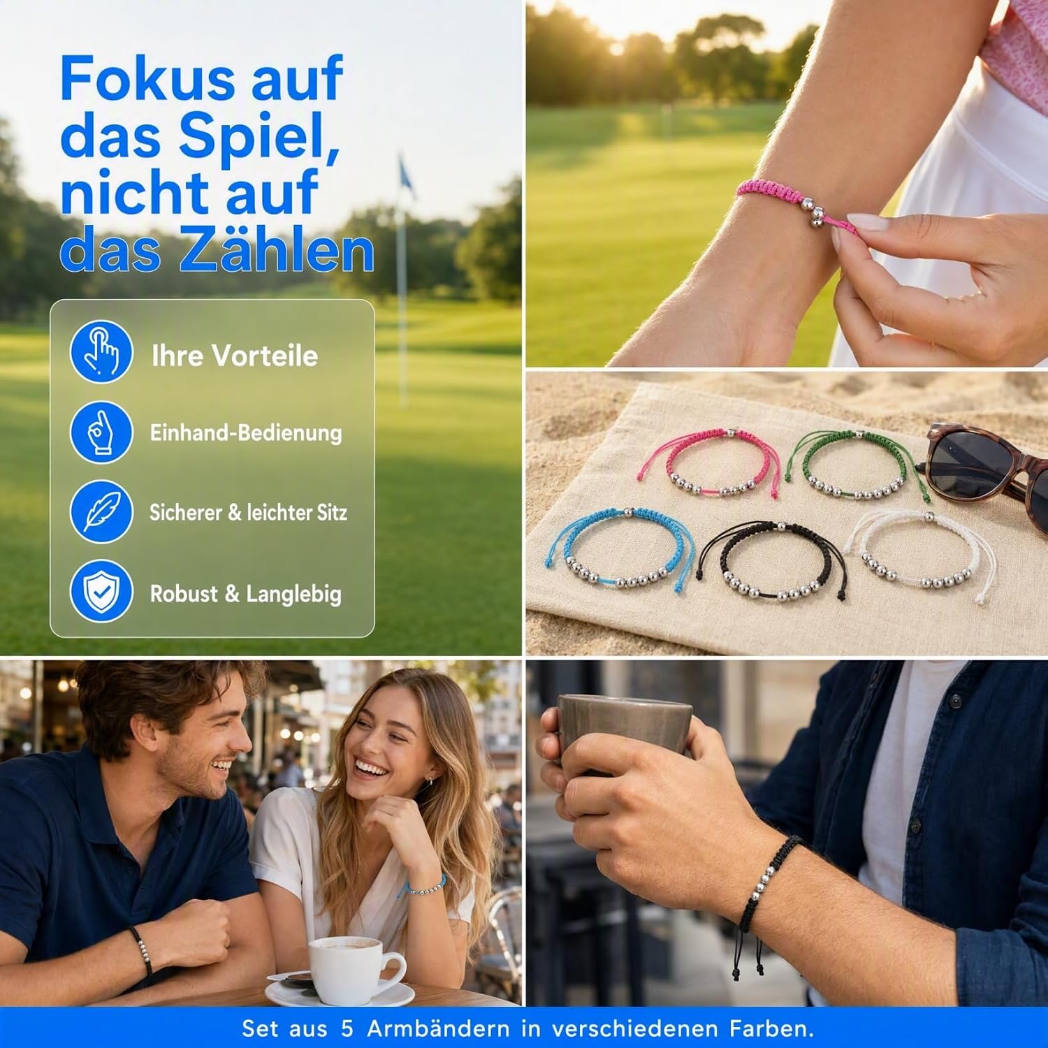 Detalle de Healeved Golfarmband-Set: 5 Zählarmbänder mit 10 Zählperlen für das Score-Tracking auf dem Golfplatz