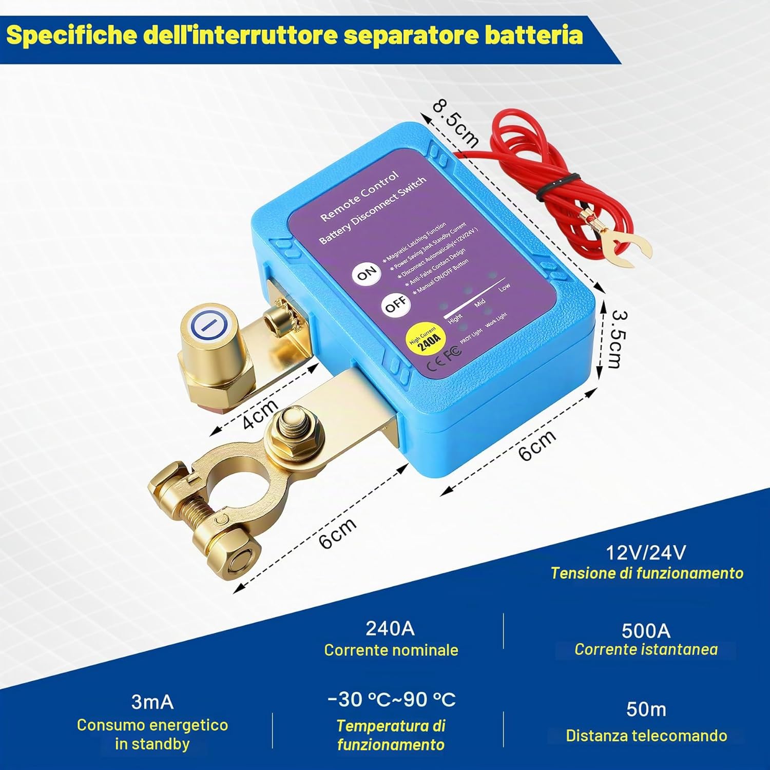 Detalle de Stacca Batteria BOSYTRO 12V 240A con telecomando – protezione auto, RV, barca e più