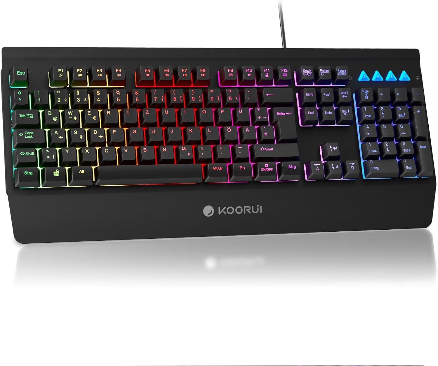 Detalle de KOORUI Gaming Tastatur – Deutsches QWERTZ-Layout, 26-Knopf Anti-Ghosting, Spritzwasserschutz, RGB-Backlight und 12 Multimedia-Tasten