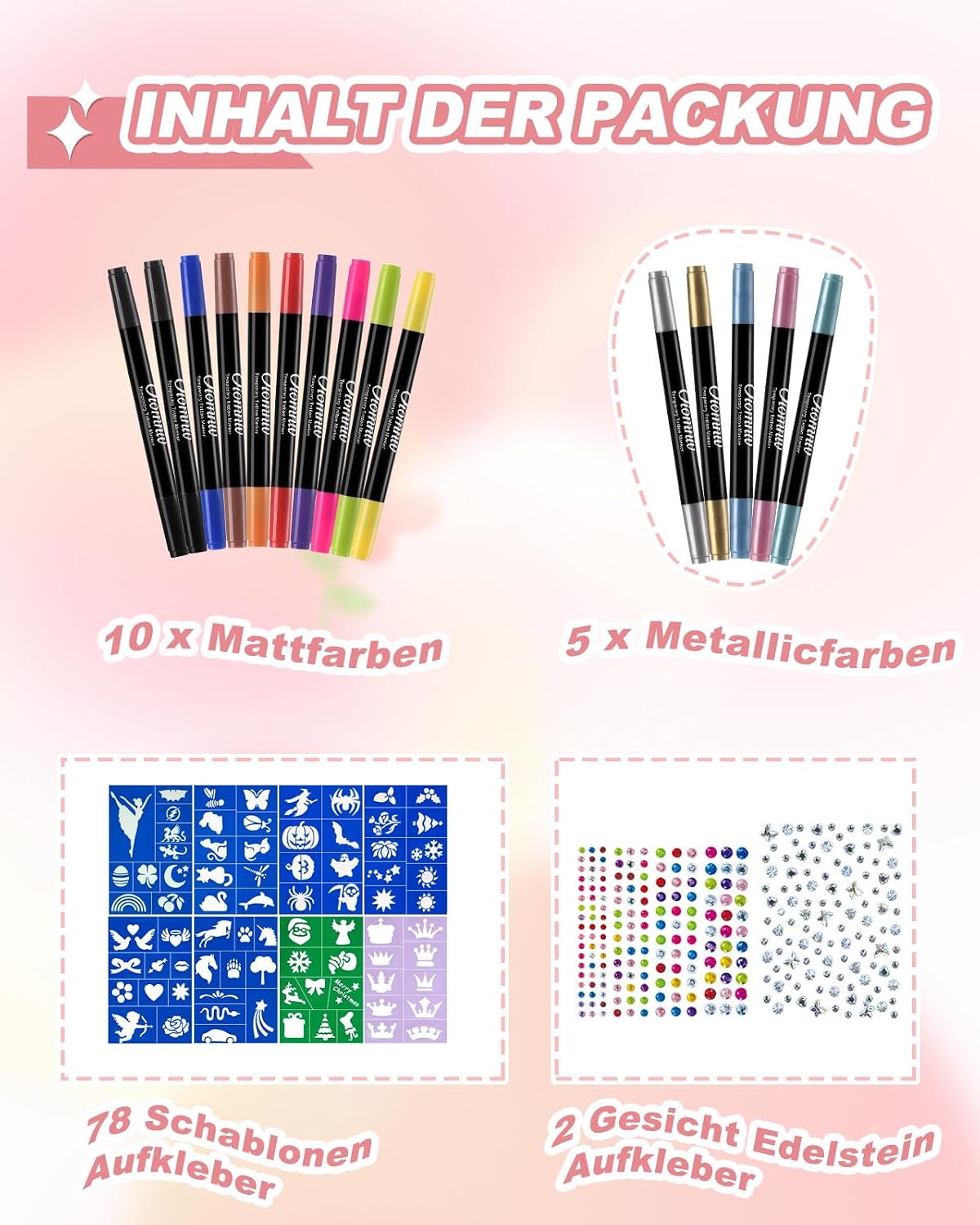Detalle 2 de Oiovnivn Tattoo Stifte Kinder – Glitzer-Set Dual-End mit 15 Markern, 78 Schablonen und 2 Gesichtsstickern