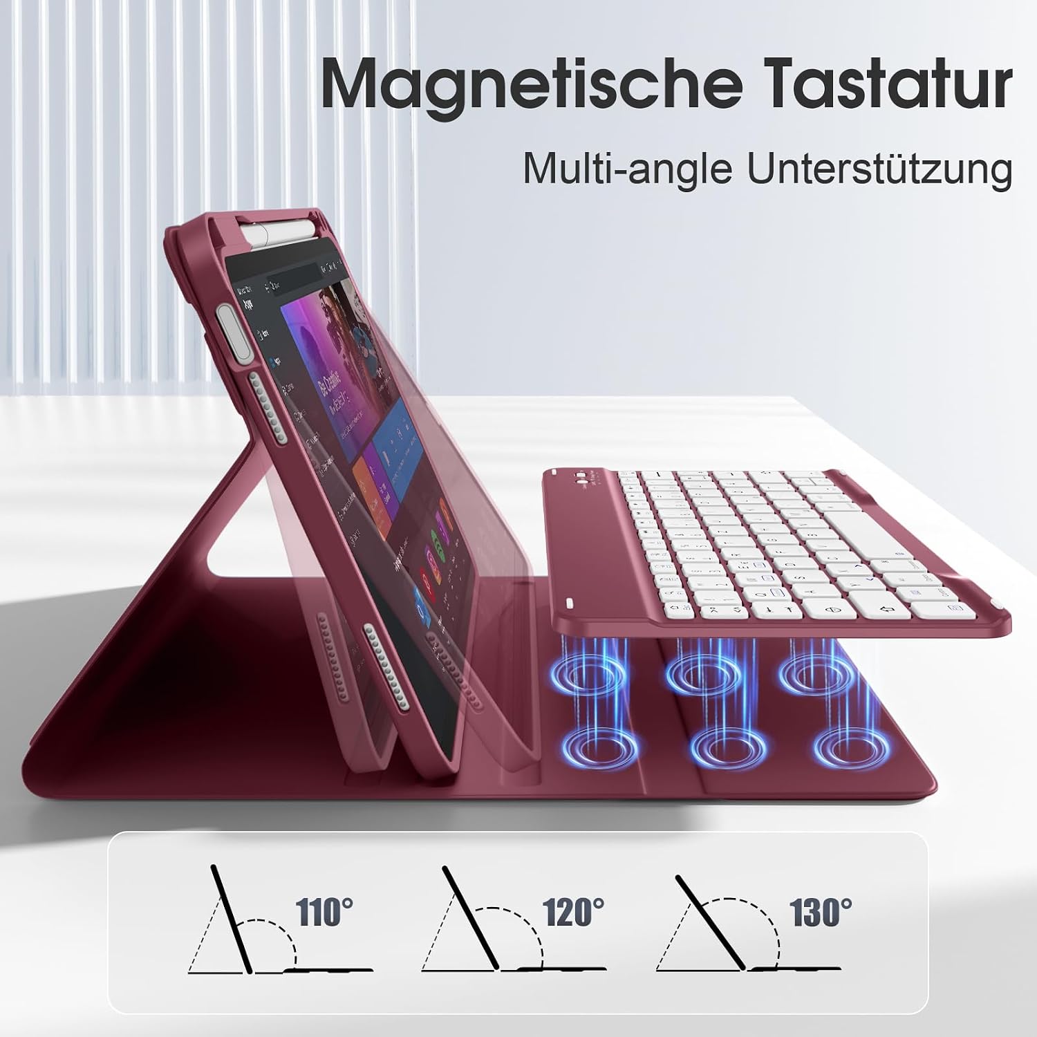 Detalle de Vobafe Hülle mit Tastatur für iPad 10./11. Generation (A16) – magnetische abnehmbare Bluetooth-Tastatur, Weinrot
