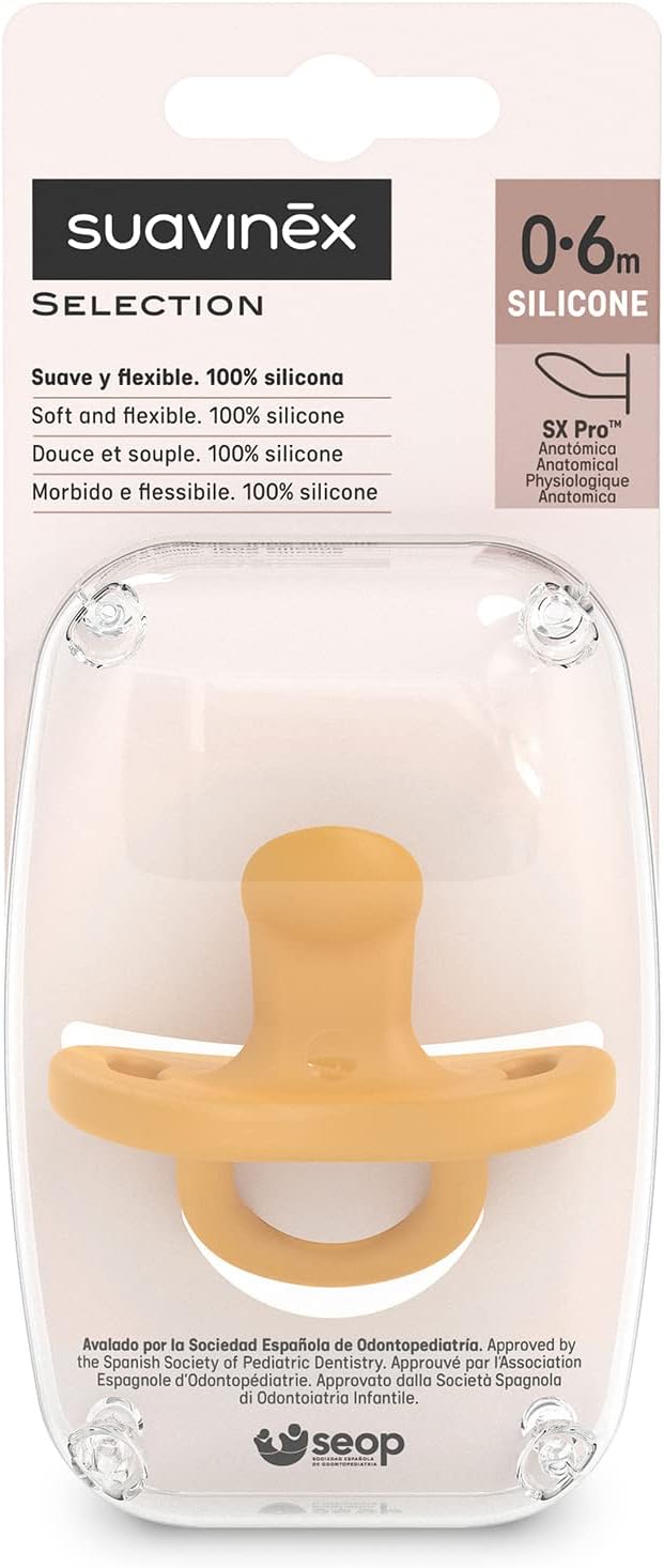 Detalle de Suavinex Ciuccio tutto silicone 0–6 mesi SX Pro, tettarella anatomica per sonni sereni – Colour Essence Senape