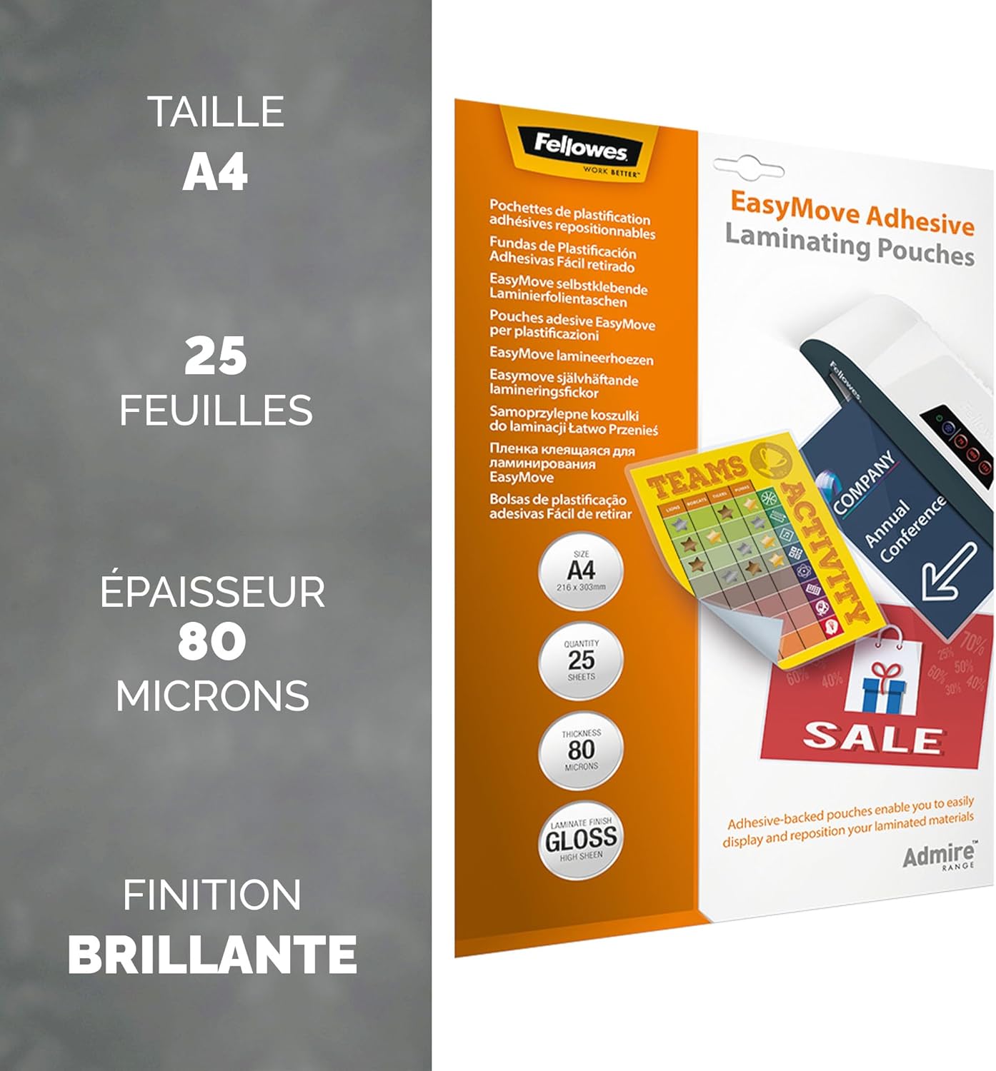 Thumbnail 1 de Fellowes pochettes de plastification Admire adhésives A4 80 microns – lot de 25, finition brillante