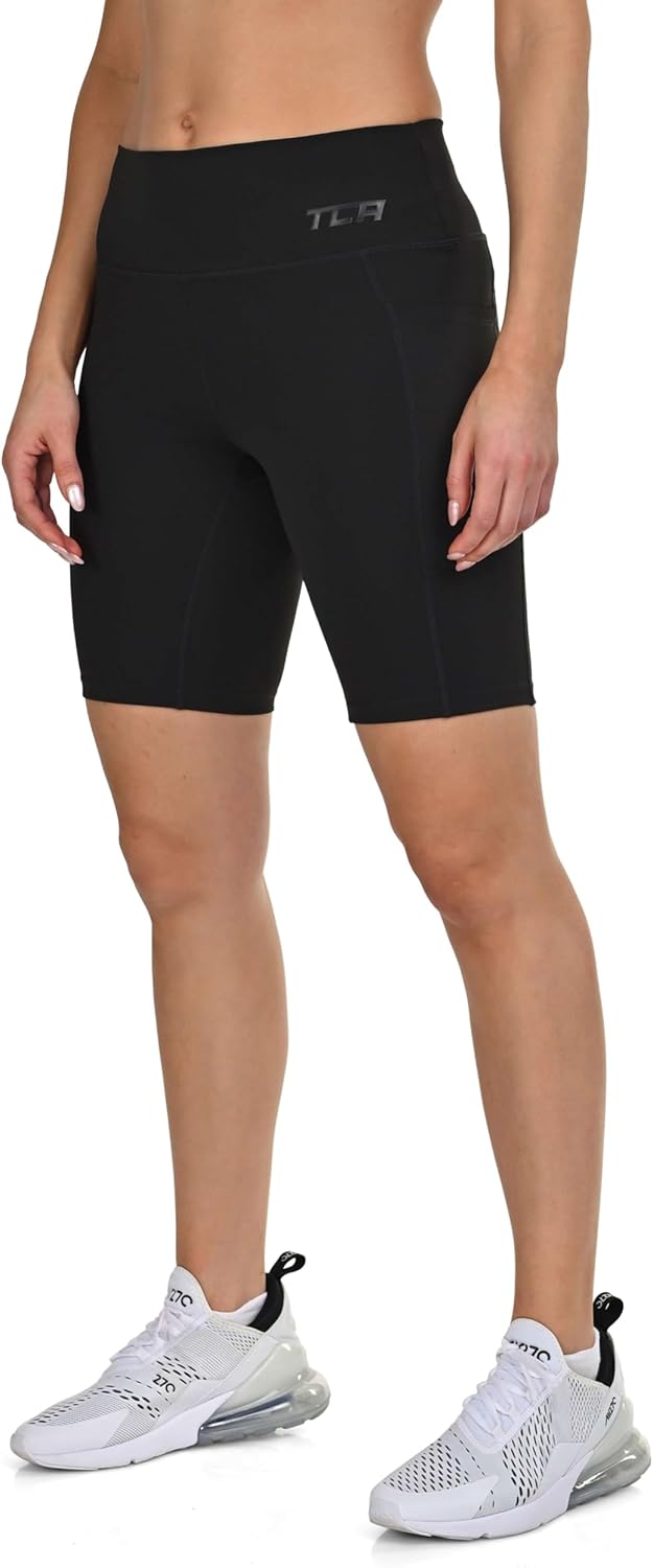 Detalle de TCA Pantaloncini da Yoga a Vita Alta da Donna – Pantaloncini Biker Morbidissimi con Controllo Pancia e 2 Tasche Laterali