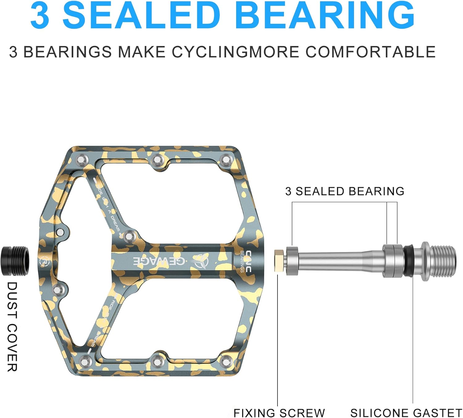 Detalle de GEWAGE Pedali bici da strada/mountain bike con 3 cuscinetti e pin antiscivolo 9/16”