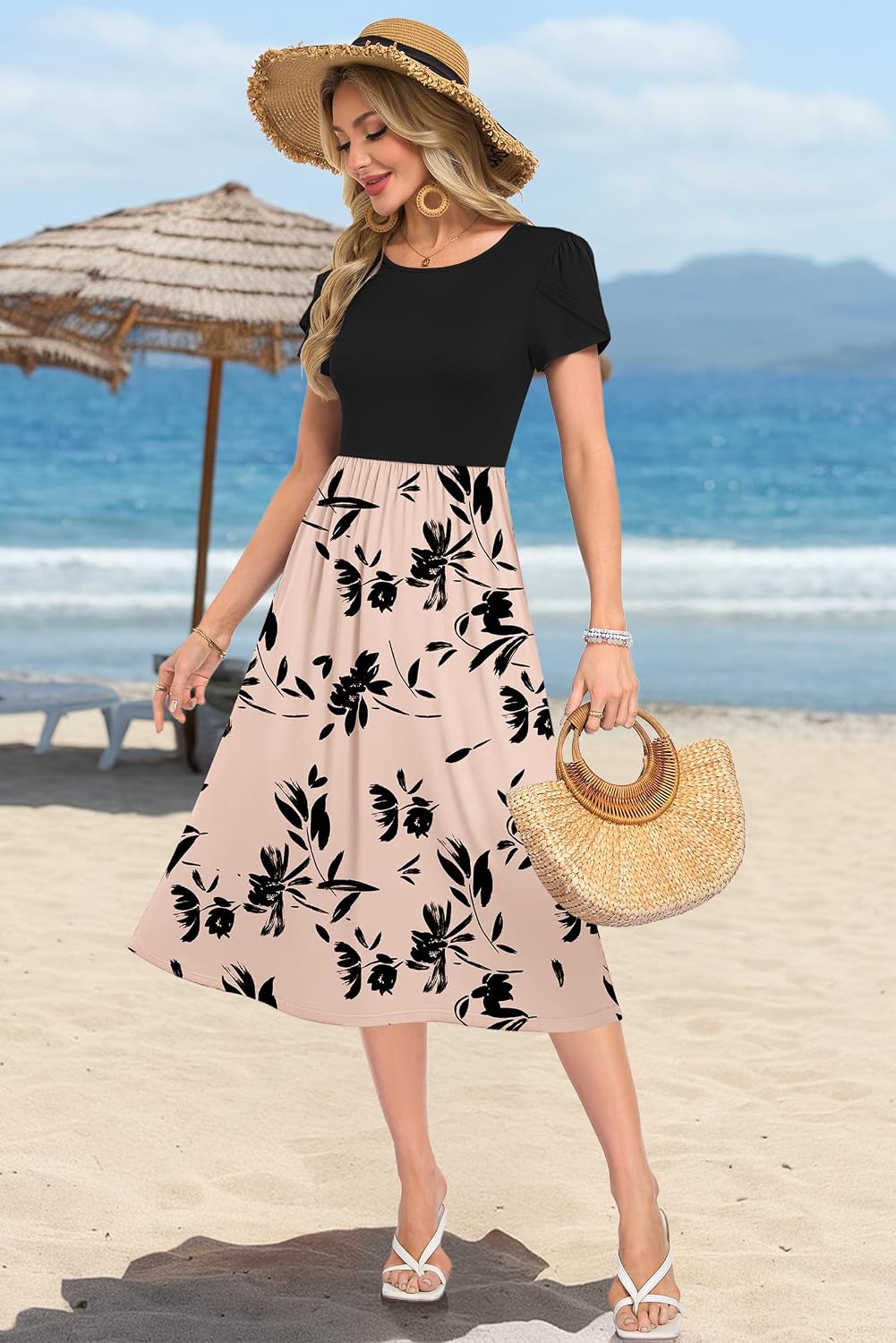 Detalle de MOLERANI Damen Sommerkleider – Kurzarm Midikleid mit Tasche, A-Linien-Schnitt