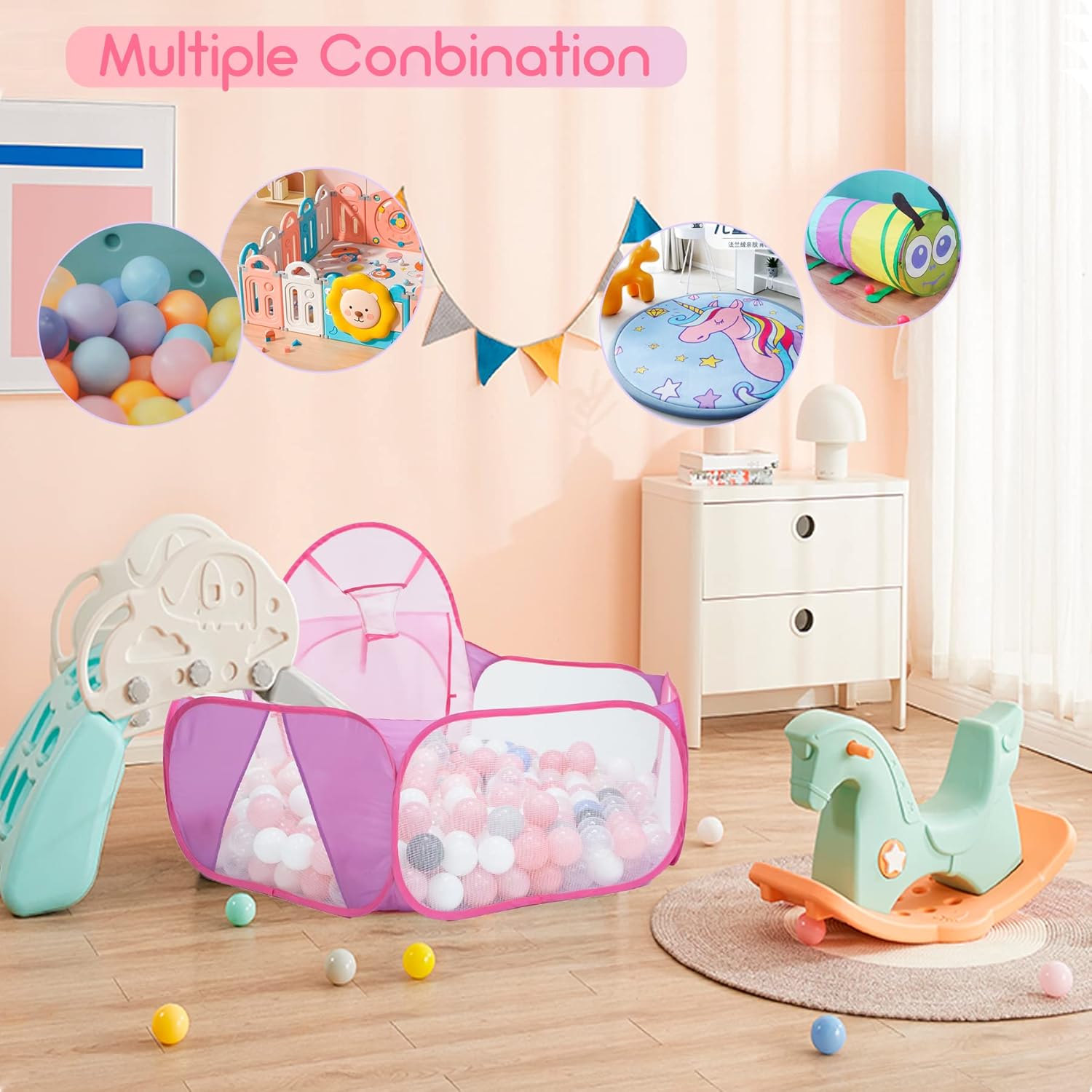 Detalle 2 de Eocolz Grand bac à balles pour enfants – tente pop-up et maison de jeu avec panier de basket et sac de rangement