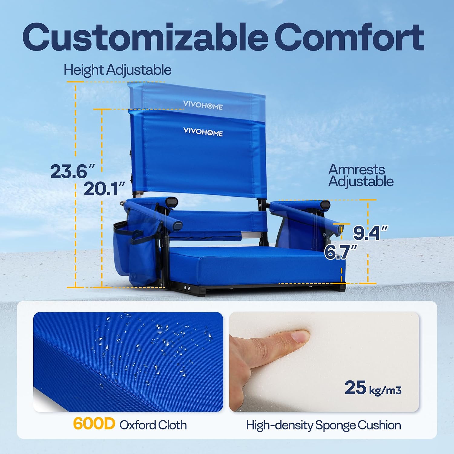 Detalle de VIVOHOME Adjustable High-Back Stadium Seat with Cushion and Cup Holders