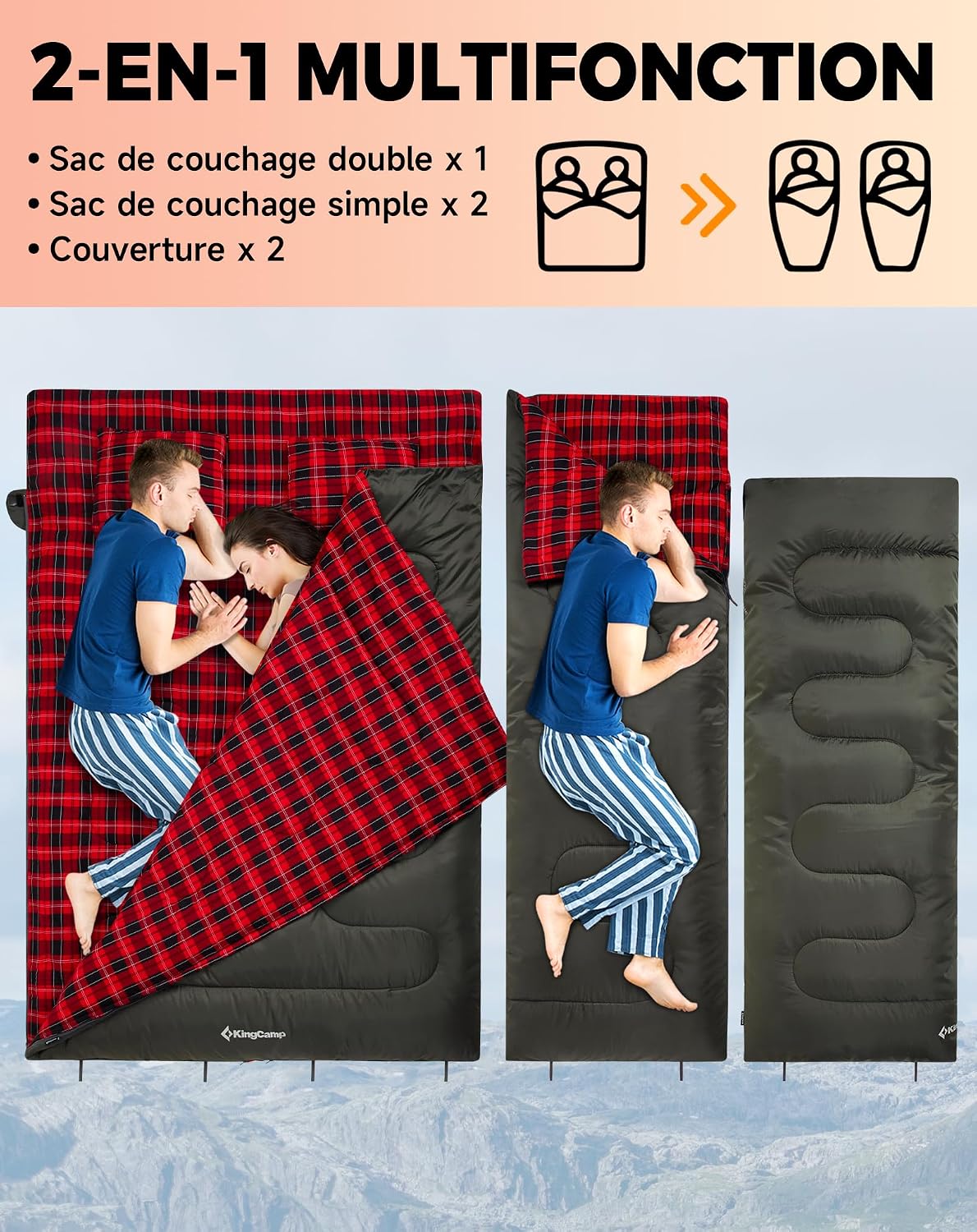 Detalle 2 de KingCamp Double Sac de couchage rectangulaire avec 2 oreillers (220 × 150 cm)