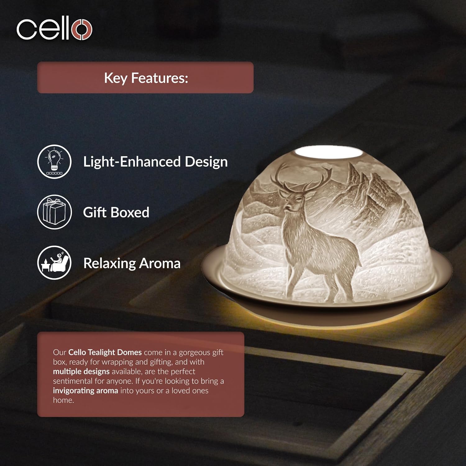 Thumbnail 4 de Cello Photophore en porcelaine en forme de dôme avec cerf en lithophane – effet 3D