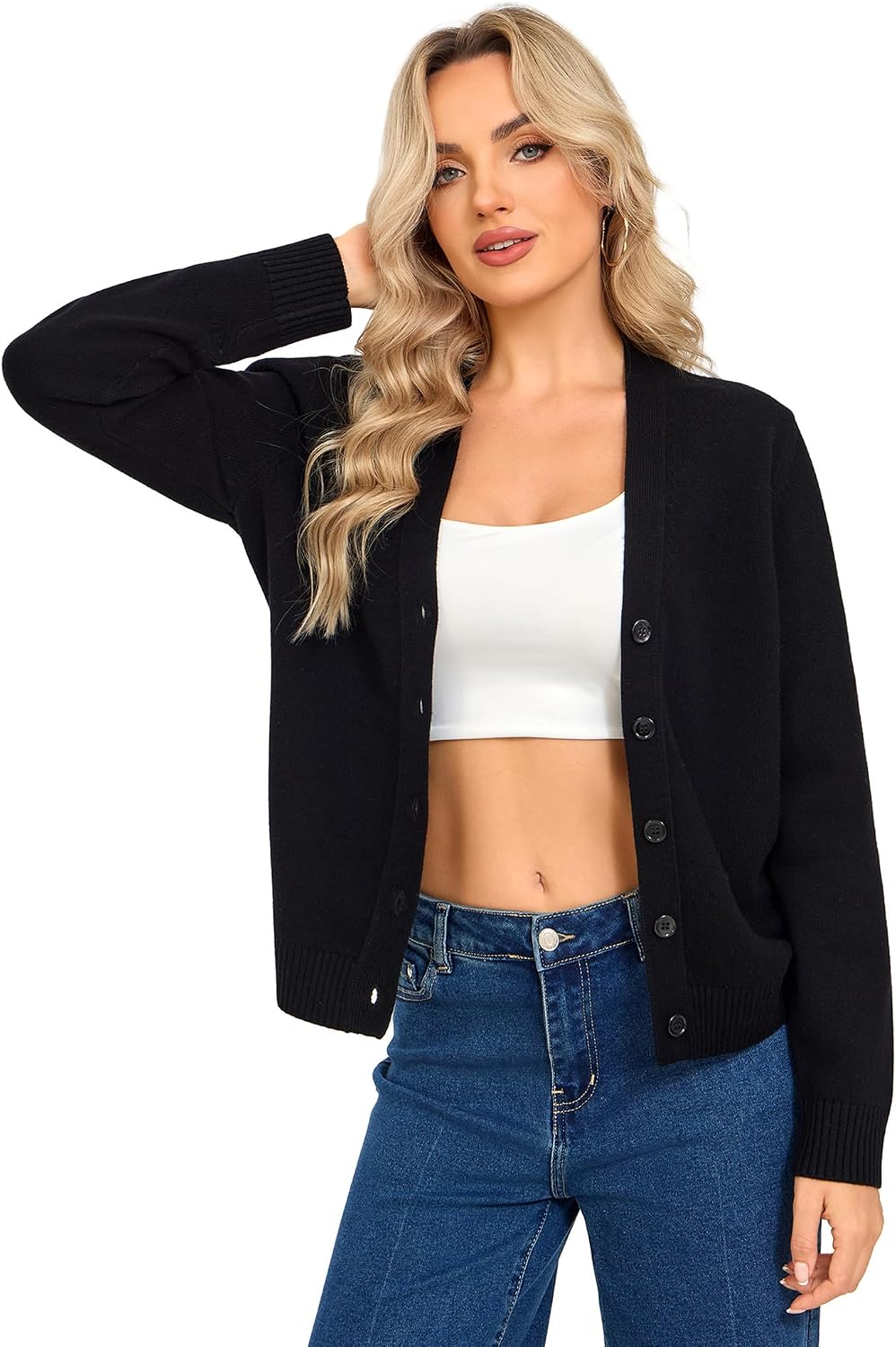 Thumbnail 5 de VETLURY Strickjacke für Damen – 100% Merinowolle, V-Ausschnitt, grobe Front & Perlmuttknöpfe