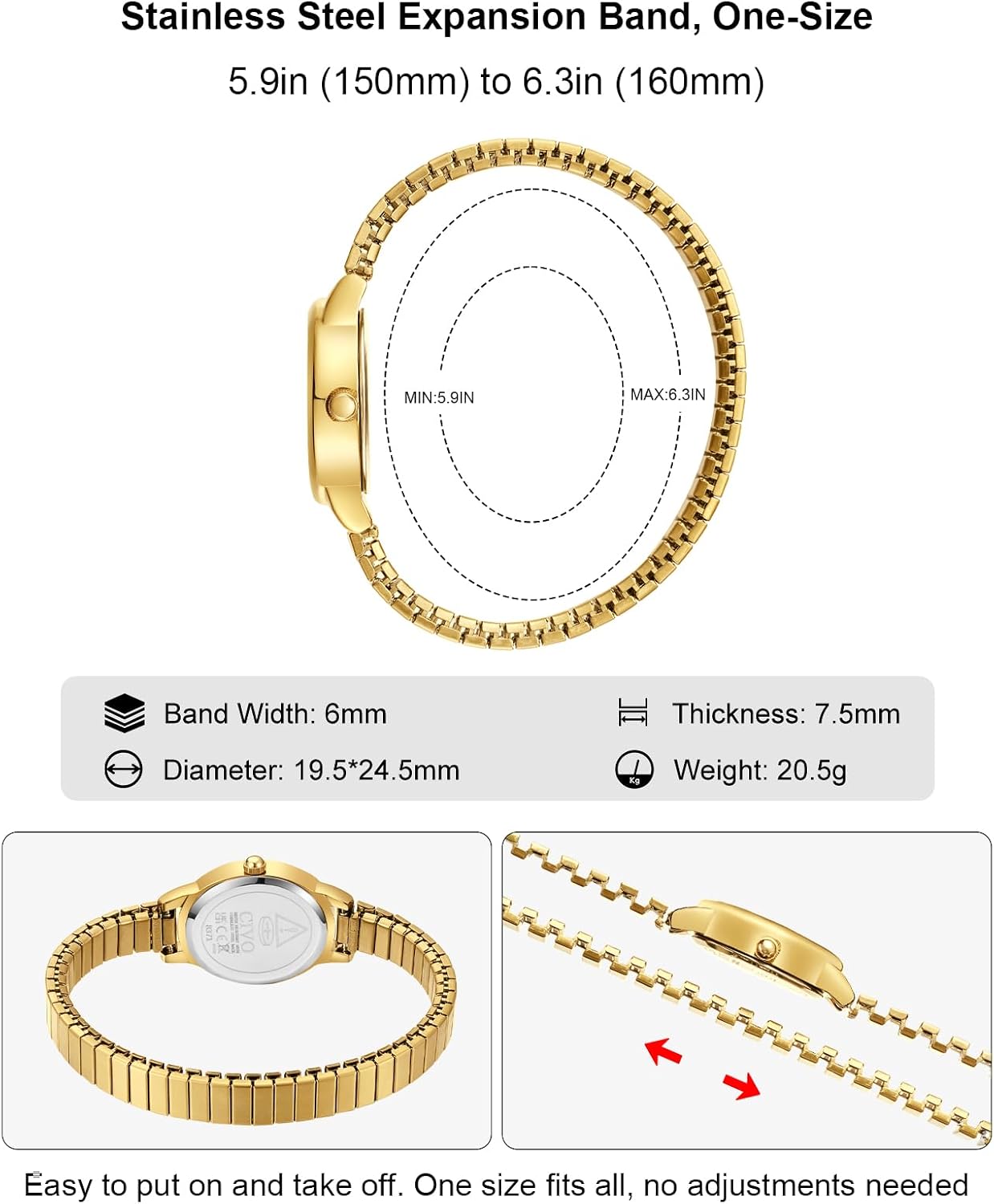 Thumbnail 4 de CIVO Vintage Damenarmbanduhr mit ovalem Gehäuse, römischem Zifferblatt und elastischem Metallband