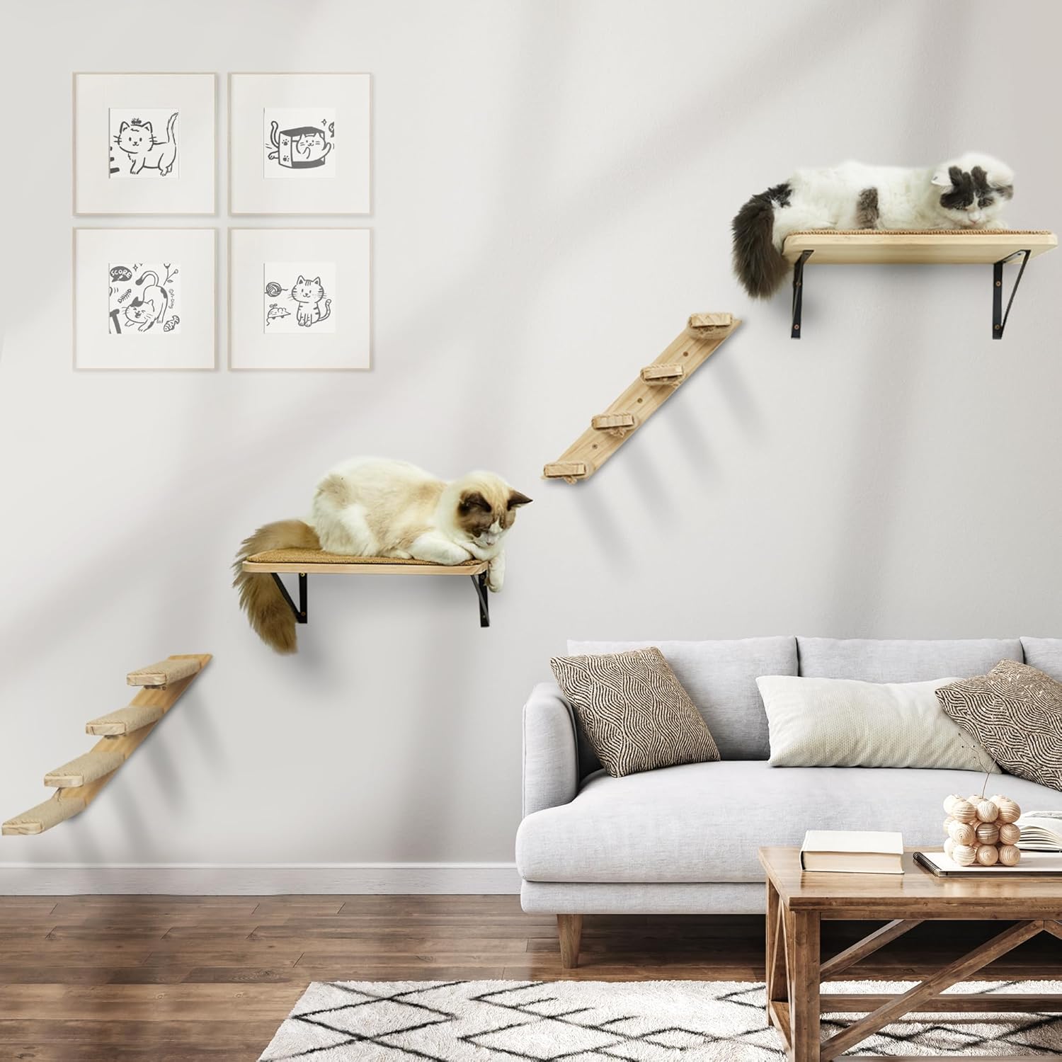Detalle de Cat Climbing Frame Set: Wall Mounted Furniture with 2 Steps and 2 Platforms by PELUOMOZ