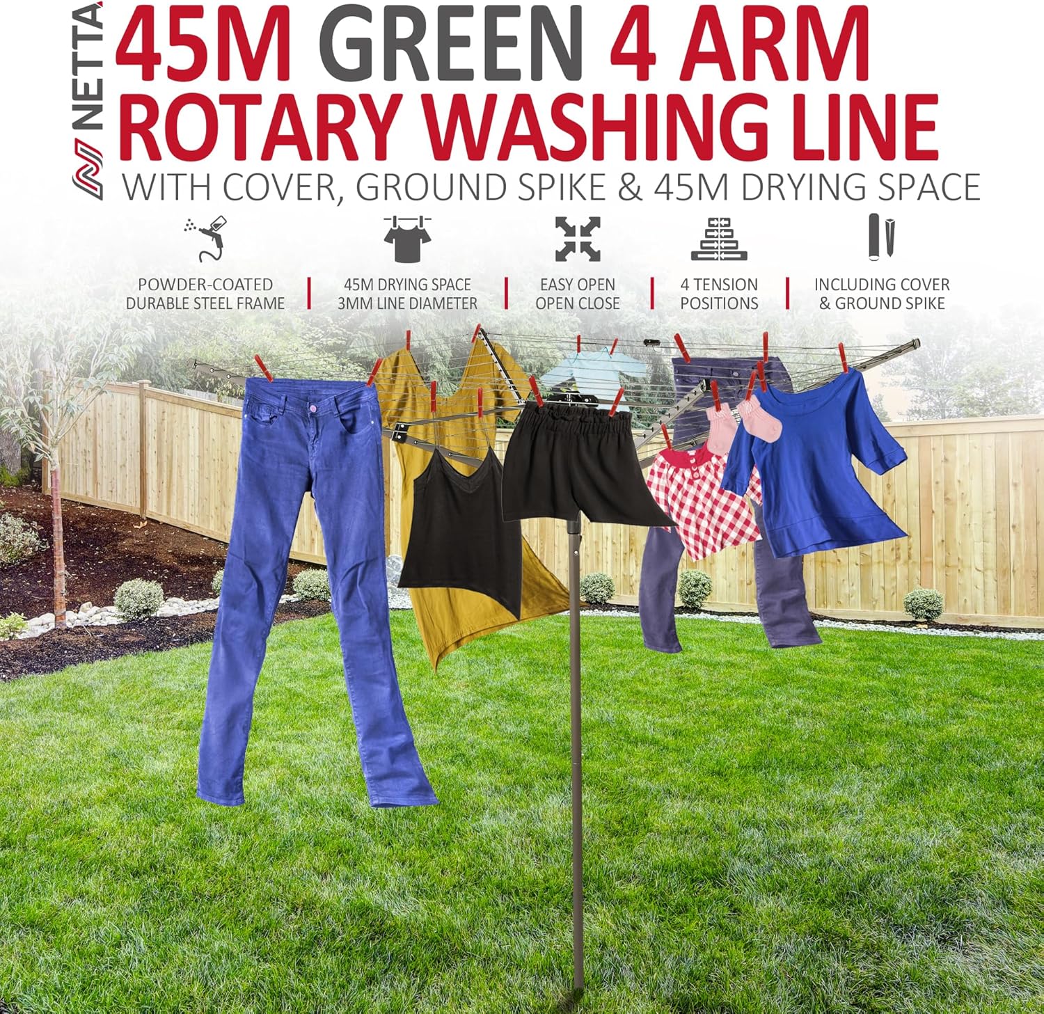 Thumbnail 1 de NETTA 4-Arm Rotary Washing Line 45m with Cover & Ground Spike (Green)