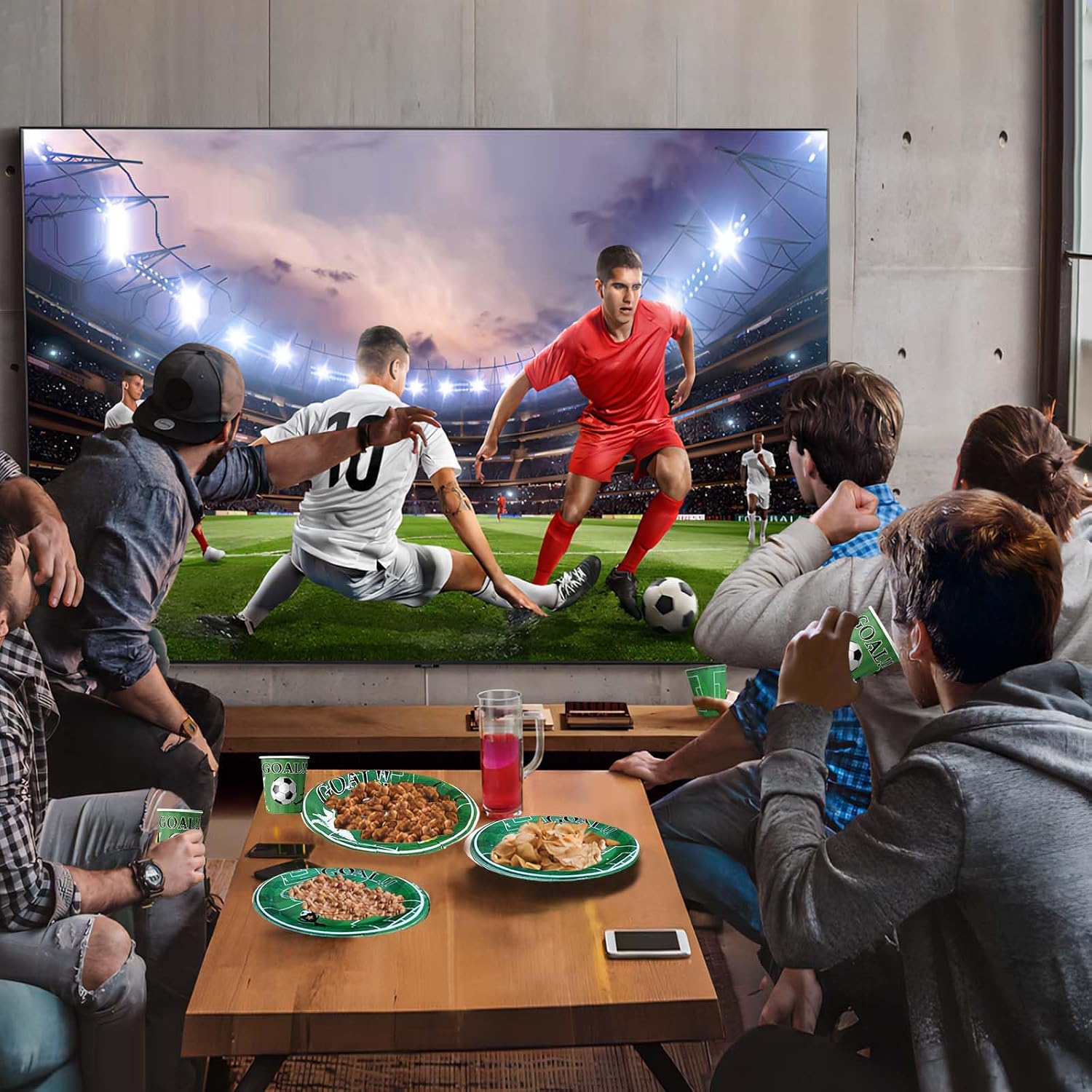 Detalle de ASSUGO Partygeschirr-Set Fußball EM 2024 (60-tlg.) mit Papptellern, Bechern, Servietten & Strohhalmen