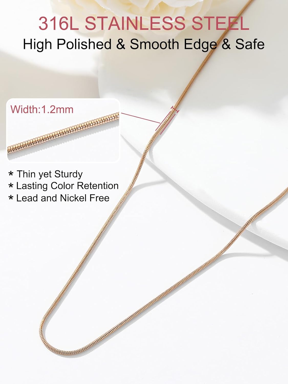 Detalle de FOCALOOK Collier Chaîne Serpent Femme Fine 1,2 mm – Acier Inoxydable, 60 cm + 5 cm d’extension, options Argent/Or/Noir/Or Rose