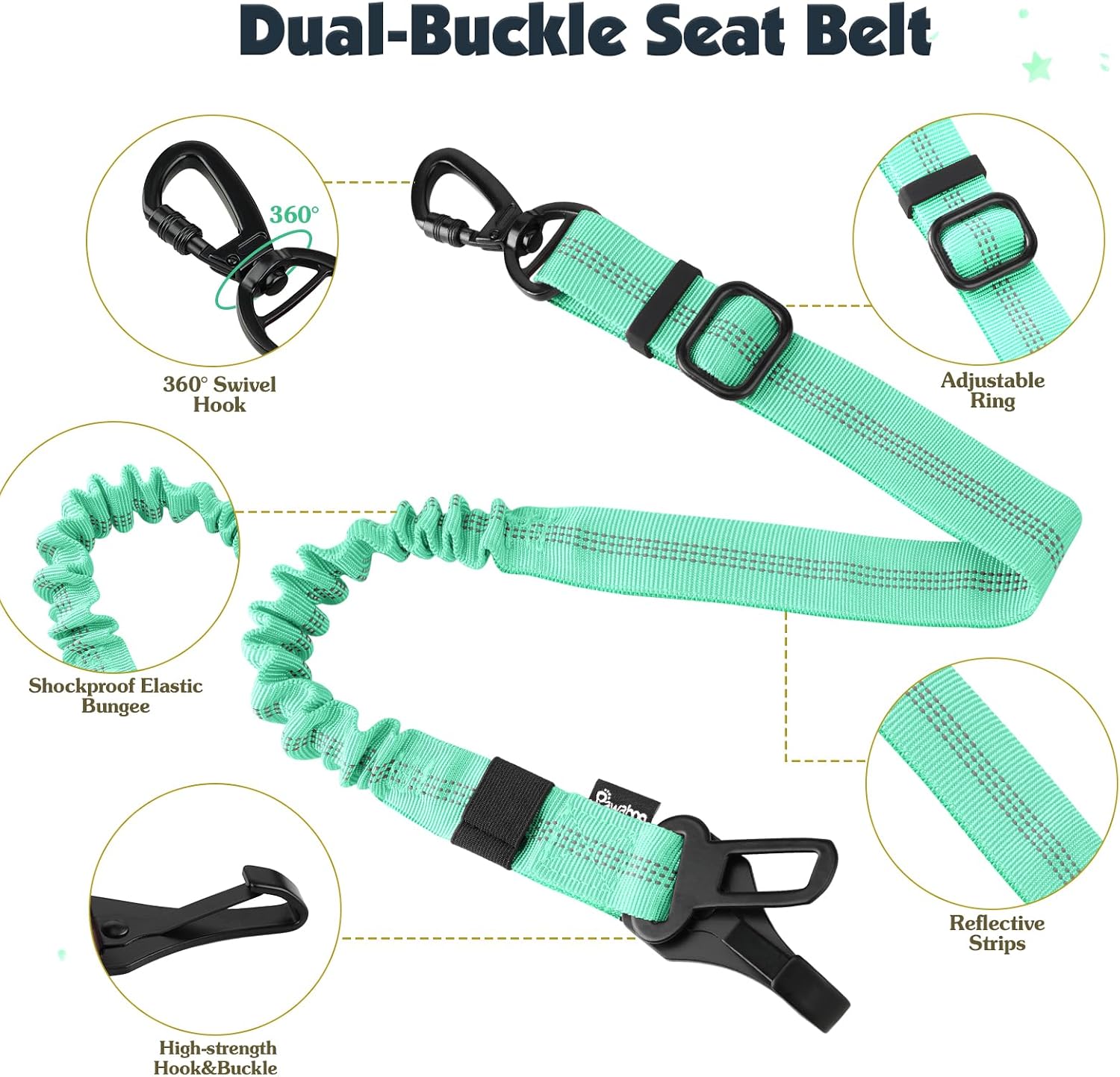 Detalle de Pawaboo dog seat belt harness (double clips, adjustable vest, elastic bungee) – Light Blue & Black, size S