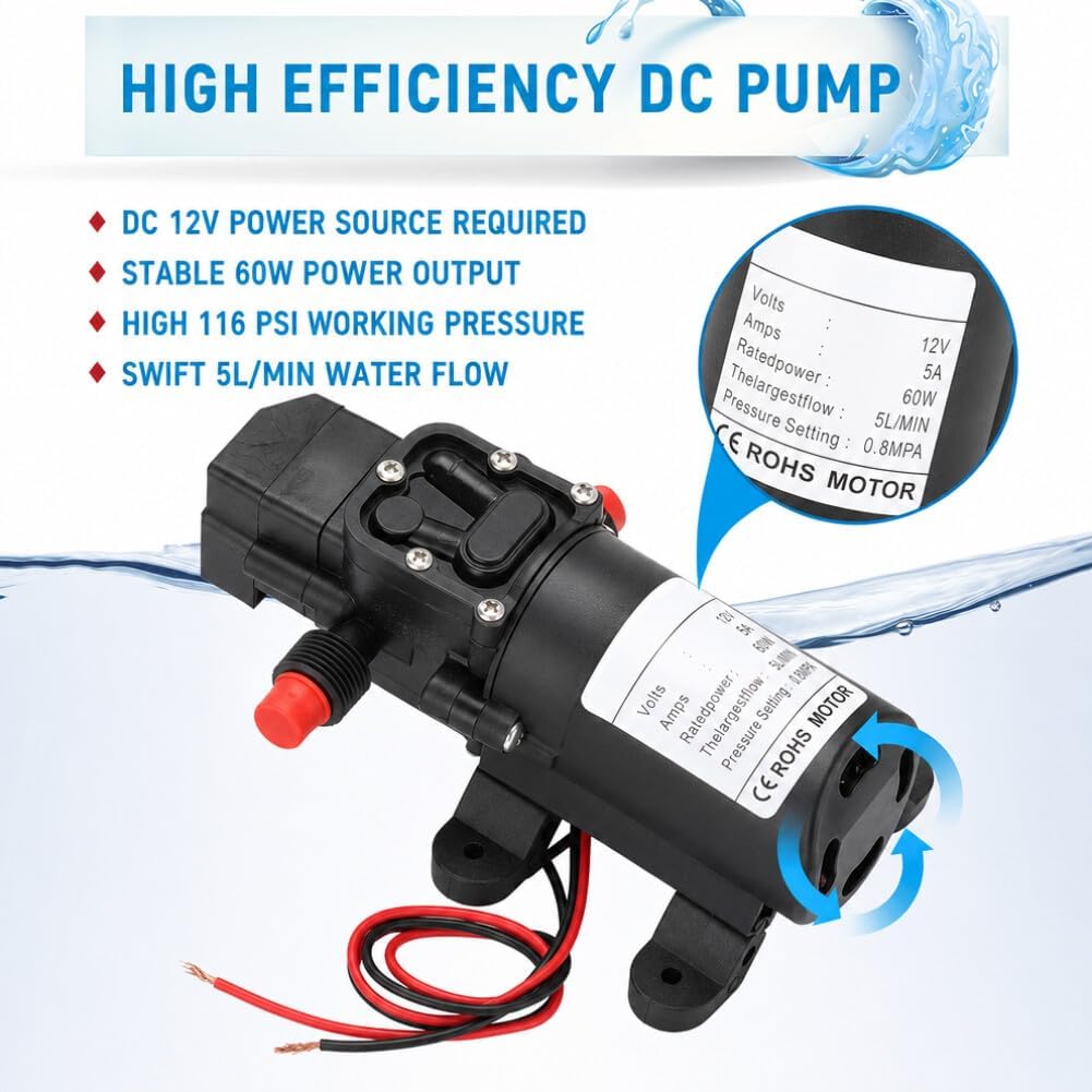 Detalle 1 de Greensen 12 V självsugande membranpump, 60 W, 5 l/min och tryckbrytare