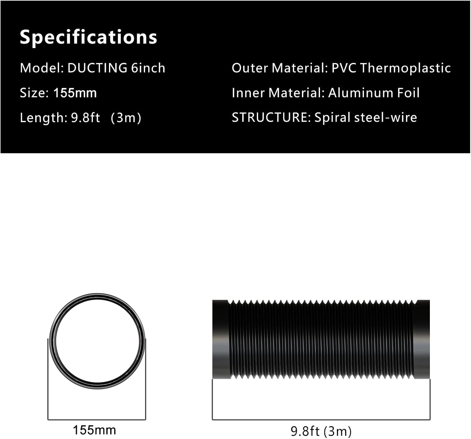Thumbnail 2 de Aygrochy Schwarz PVC Abluftschlauch 150 mm, 3 m – Lüftungsschlauch für Abluftsysteme (Abluft, Trockner, Mobile Klimaanlage)