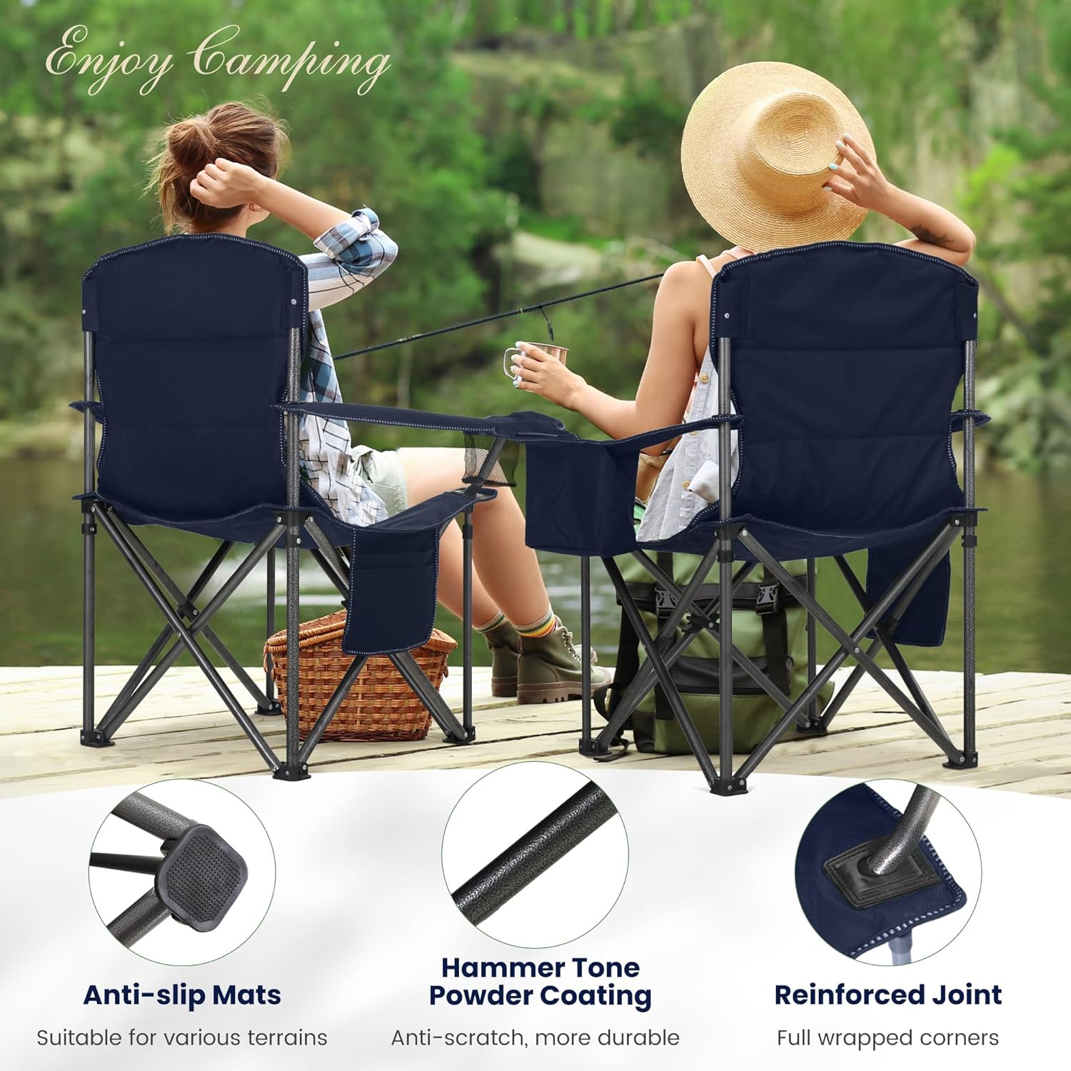 Detalle de HIGH POINT SPORTS faltbarer Campingstuhl (bis 200 kg) mit Getränkehaltern und Armlehnen – XXL Outdoorstuhl