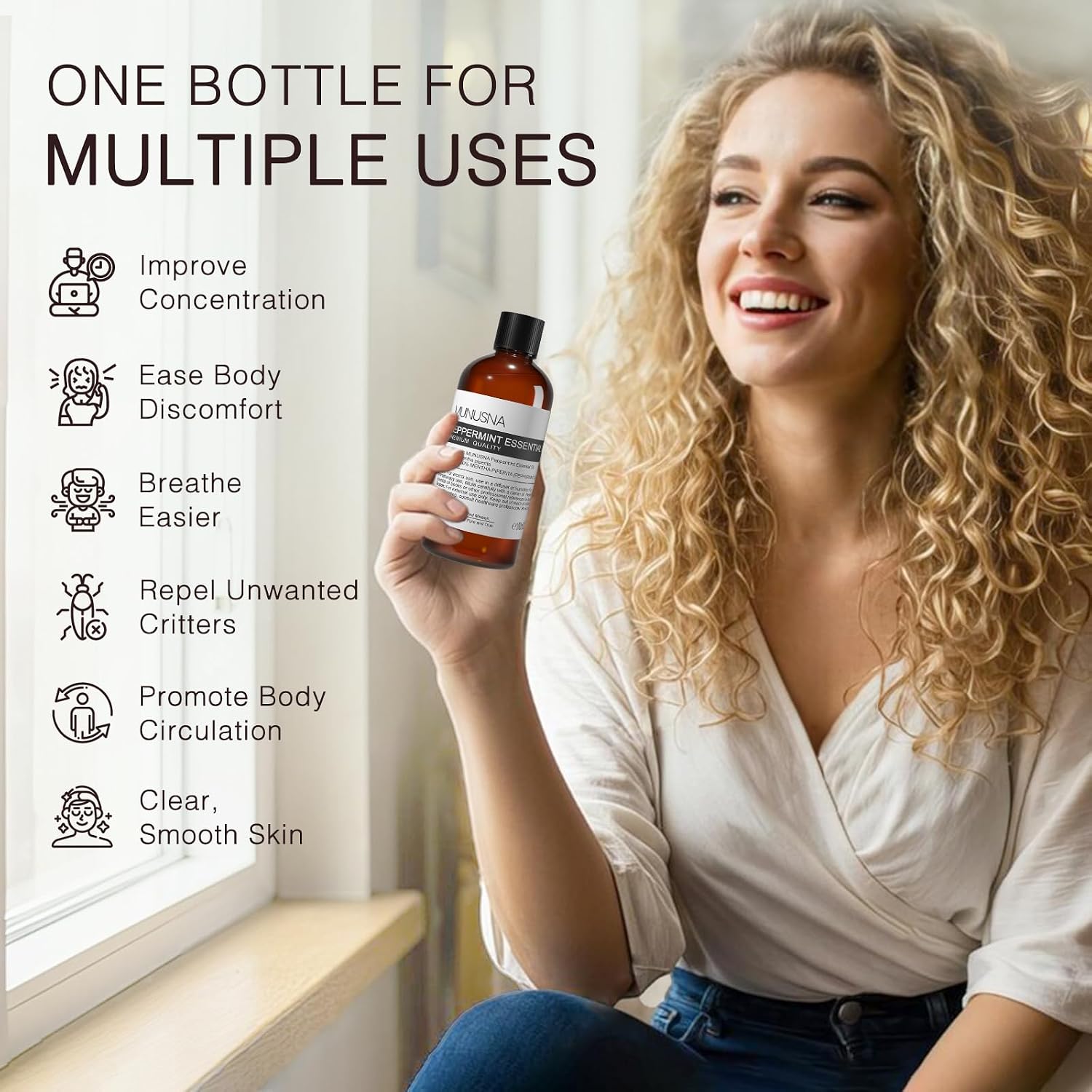 Detalle de MUNUSNA Peppermint Essential Oil: 100% Pure & Natural, 100ML – Premium Aromatherapy for Skin, Hair, Diffuser, and DIY Crafts