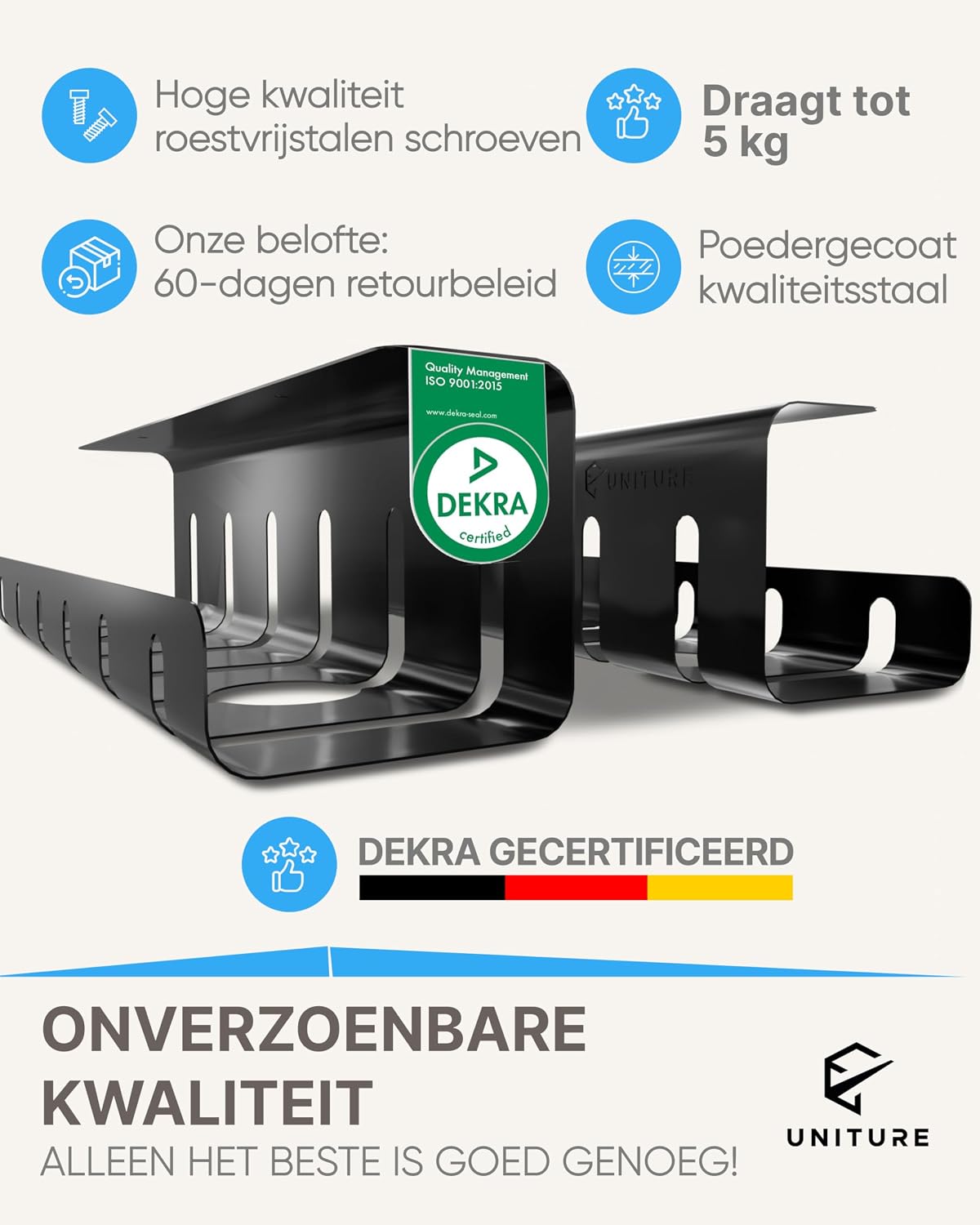 Detalle de UNITURE HU-XI-36 kabelgoot voor bureau, zwart metaal, set van 2