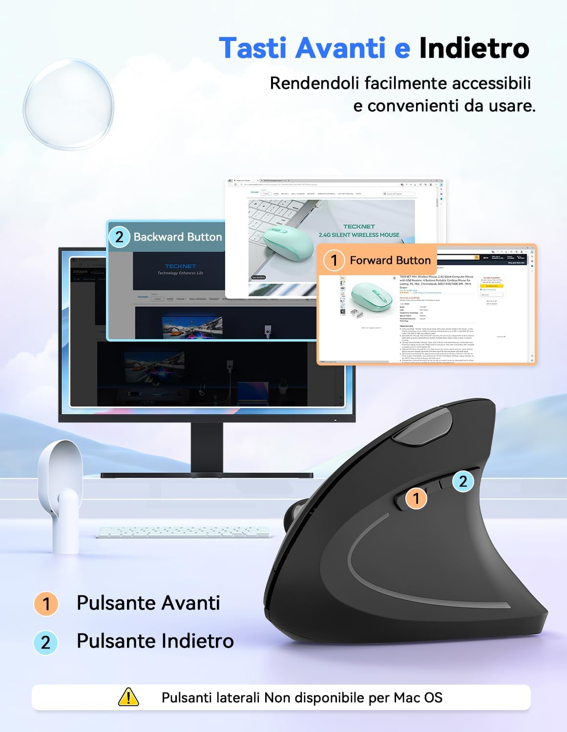 Detalle de TECKNET Mouse Verticale: 4800 DPI, wireless, ergonomico e silenzioso per PC, Mac e Laptop