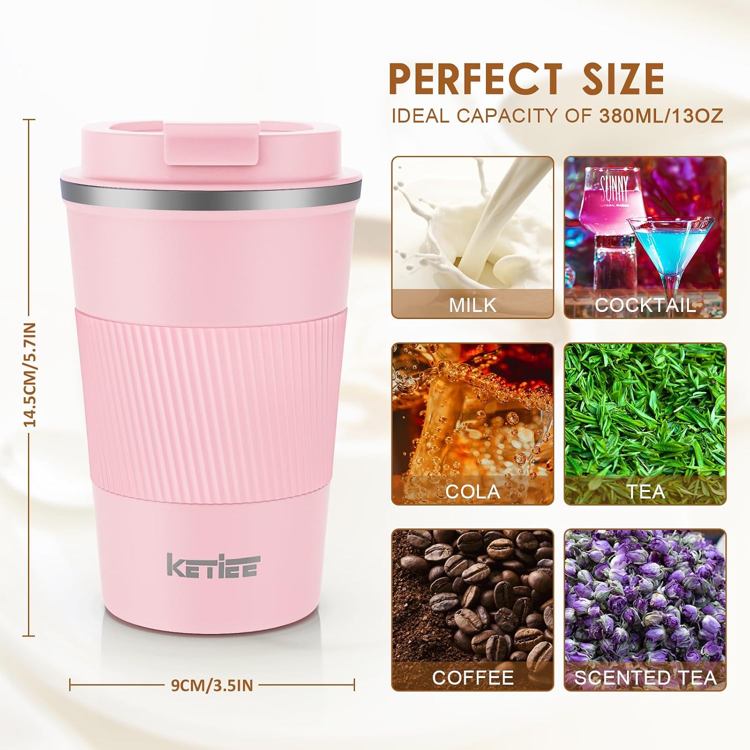 Detalle 2 de KETIEE Travel Mug Insulated 380ml Stainless Steel with Leakproof Lid (Pink)