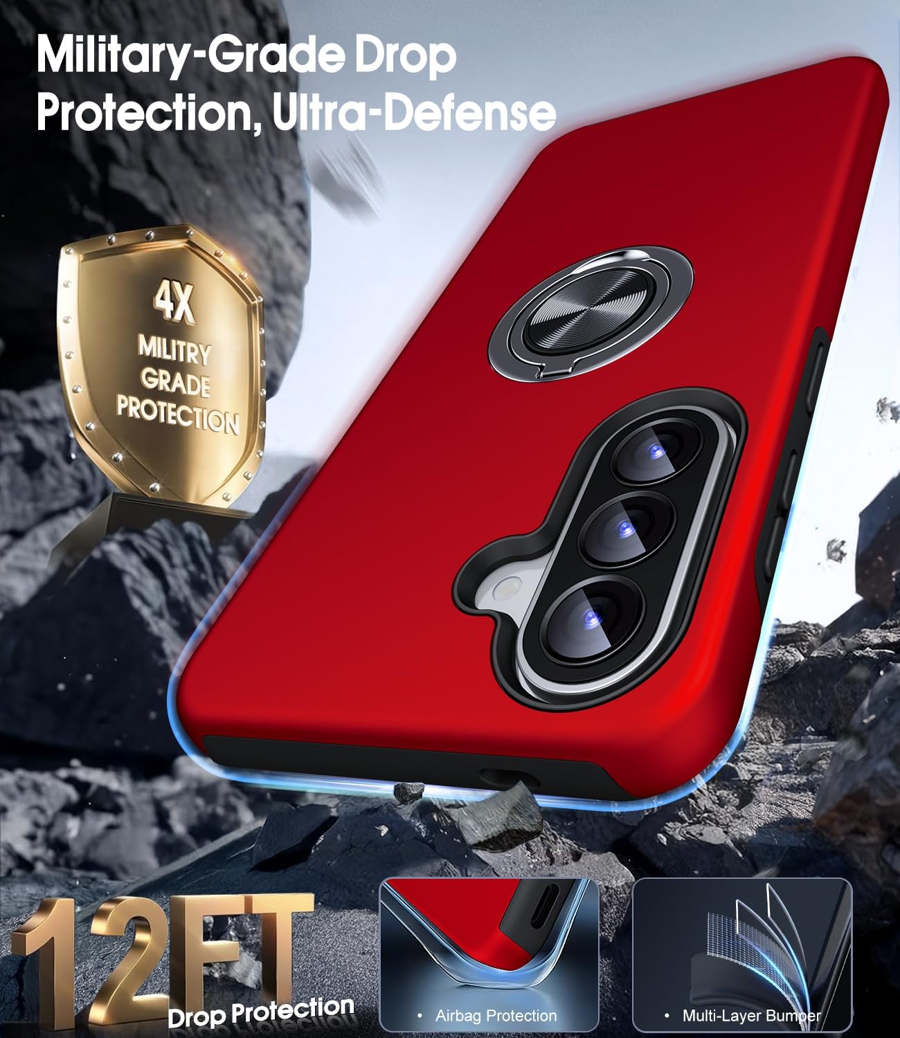 Detalle de AOUIA Galaxy A57 5G case with 2-pack screen protectors and 360° rotating ring kickstand (Red)