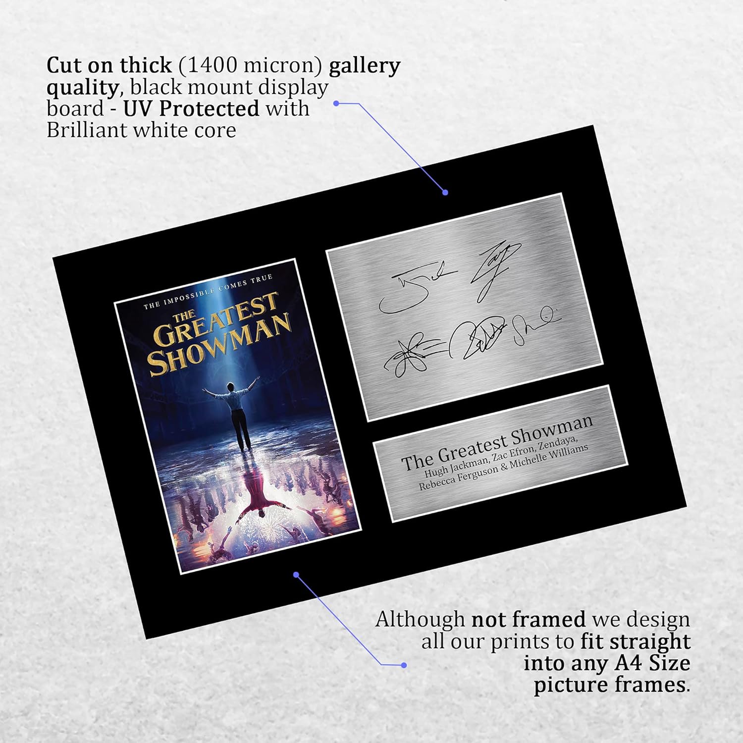 Thumbnail 2 de HWC Trading The Greatest Showman A4 Signed Photo Print Display (Hugh Jackman, Zac Efron, Zendaya, Rebecca Ferguson & Michelle Williams)