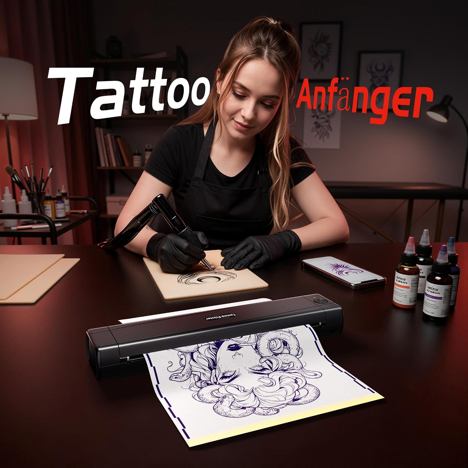 Detalle de TATTMUSE Tattoo Drucker Bluetooth – Schablonen-Nadeldrucker mit 100 Blatt Transferpapier (A887)