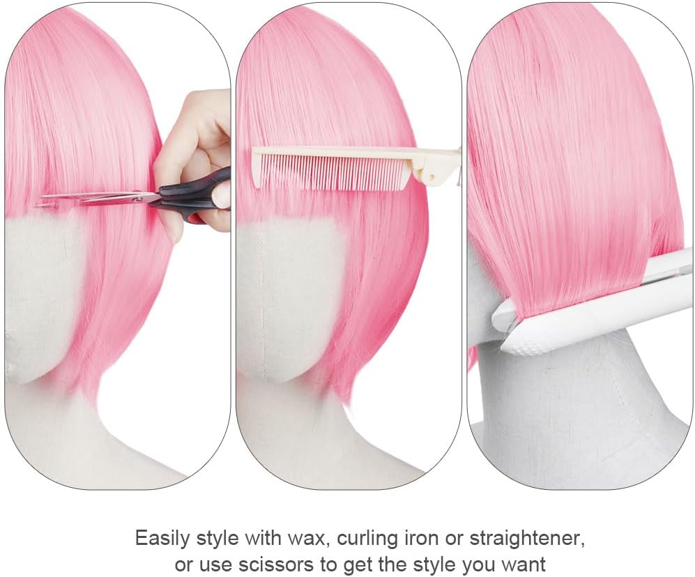 Detalle de Aomig Pink/B Short Bob Wig for Women – 3 PCS Set (Synthetic, Heat-Resistant)