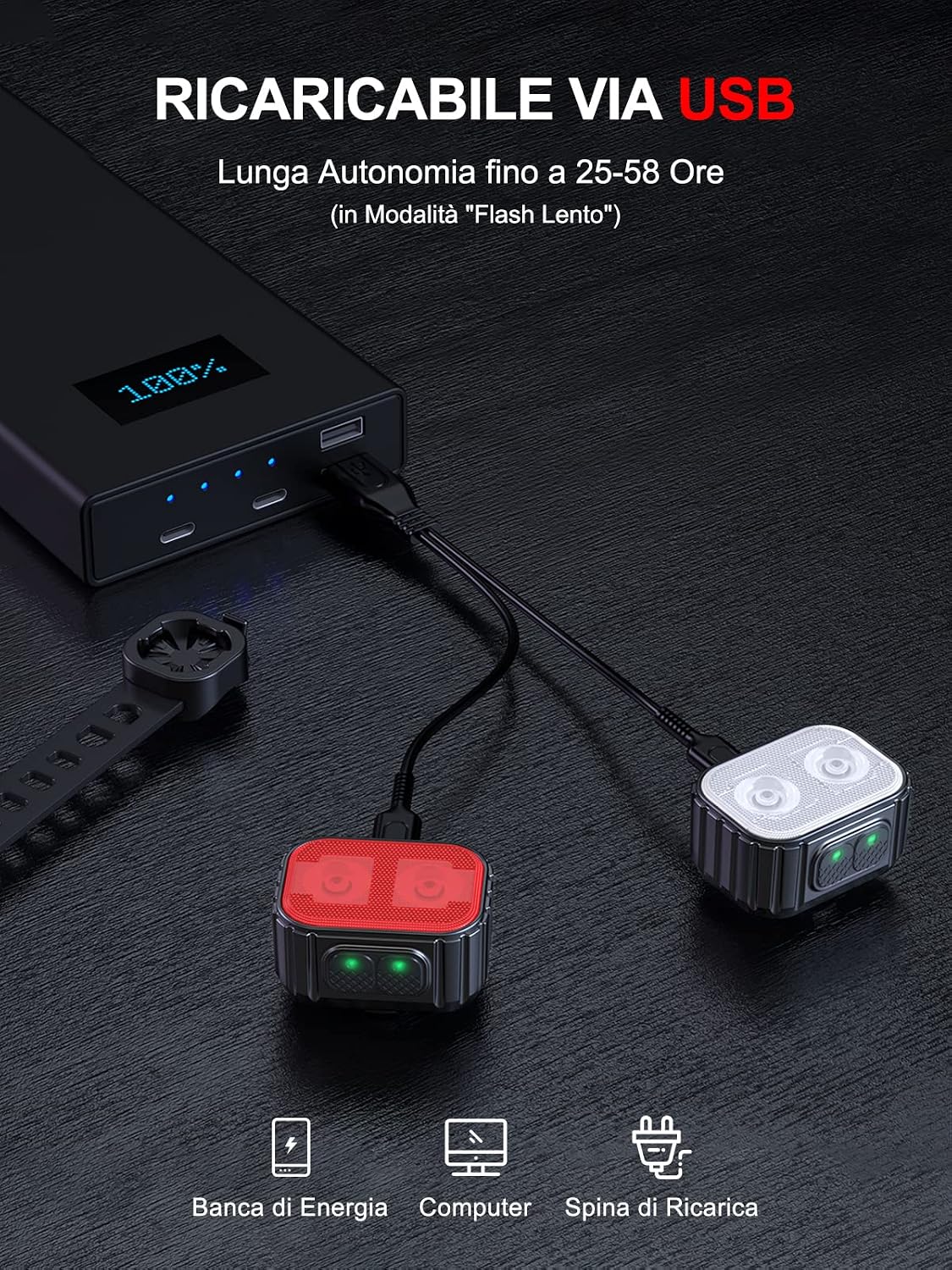 Detalle de CIRYCASE Luci bici anteriori e posteriori USB ricaricabile: illuminazione super luminosa, IPX6 e 8+12 modalità