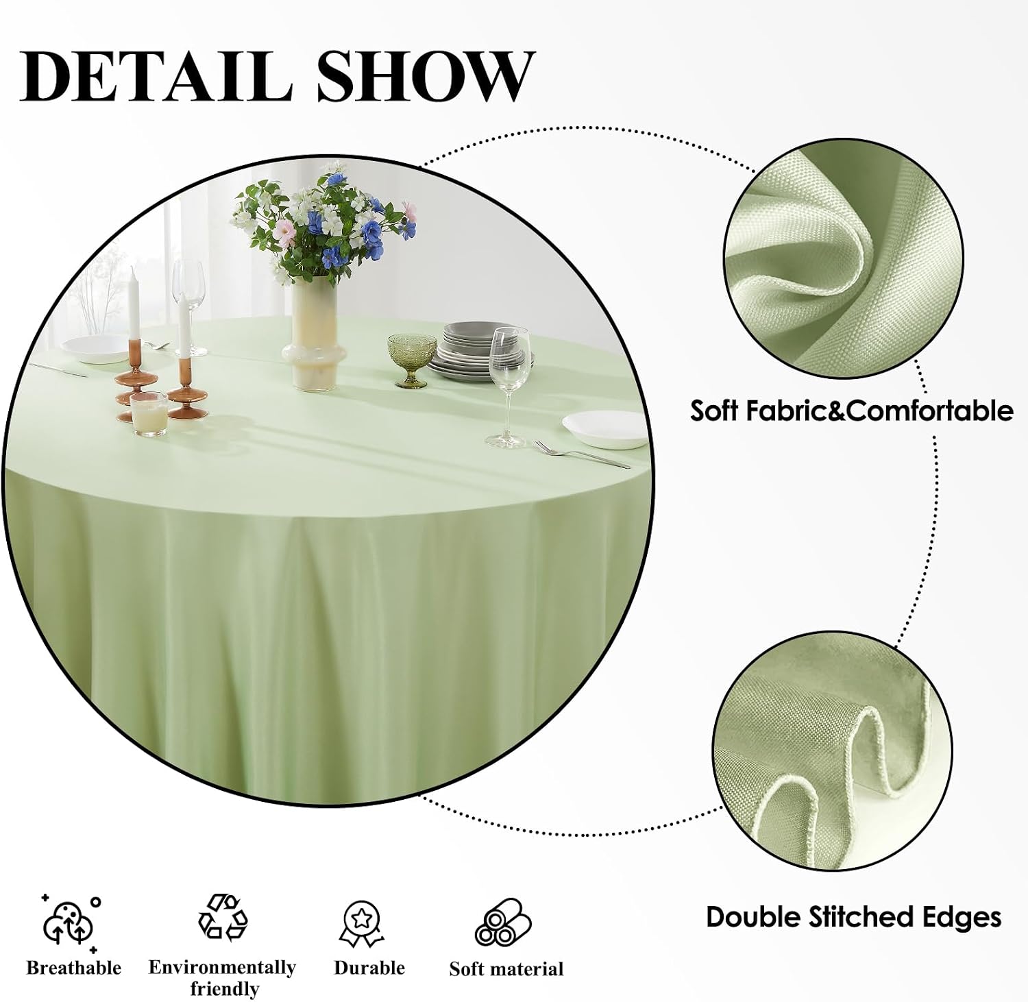 Detalle de Aocoz Round Tablecloth 120 Inch, Sage Green, 6 Pack — Durable Washable Polyester Linen-Look Covers for Dining and Events