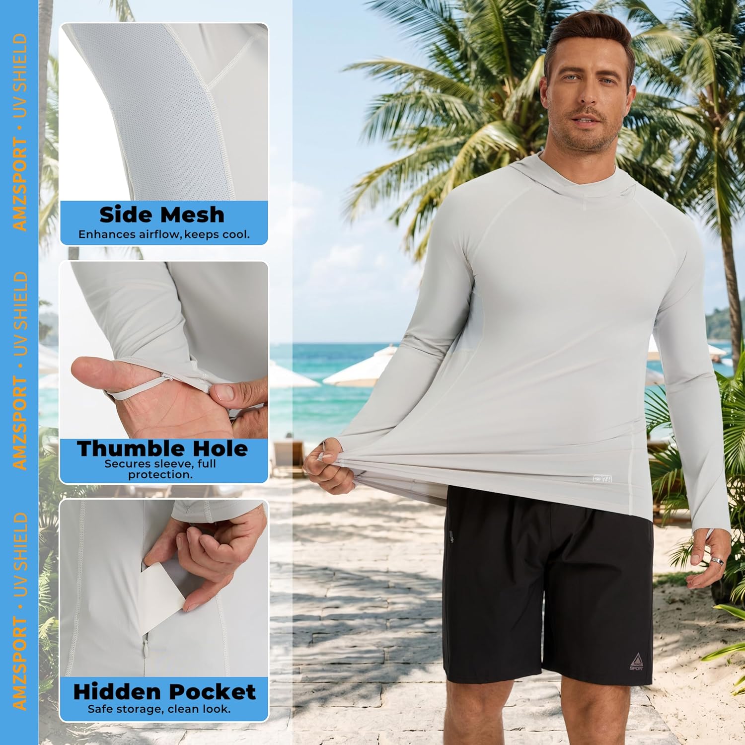 Detalle de AMZSPORT Felpa Uomo con Cappuccio UPF 50: Protezione UV Rashguard a Maniche Lunghe per Pesca, Escursionismo e Outdoor