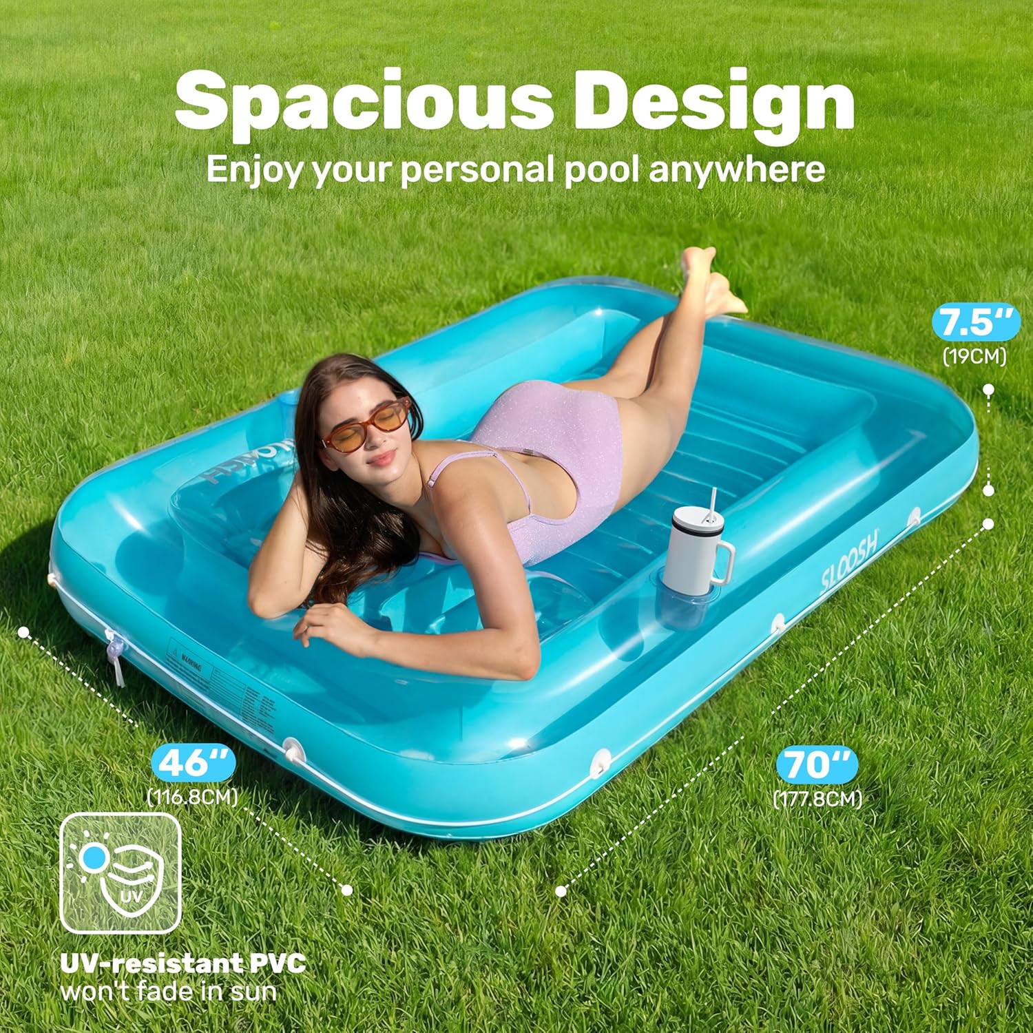 Thumbnail 1 de SLOOSH Inflatable Tanning Pool Lounger Float (70" x 46") with Removable Pillow, L-Blue