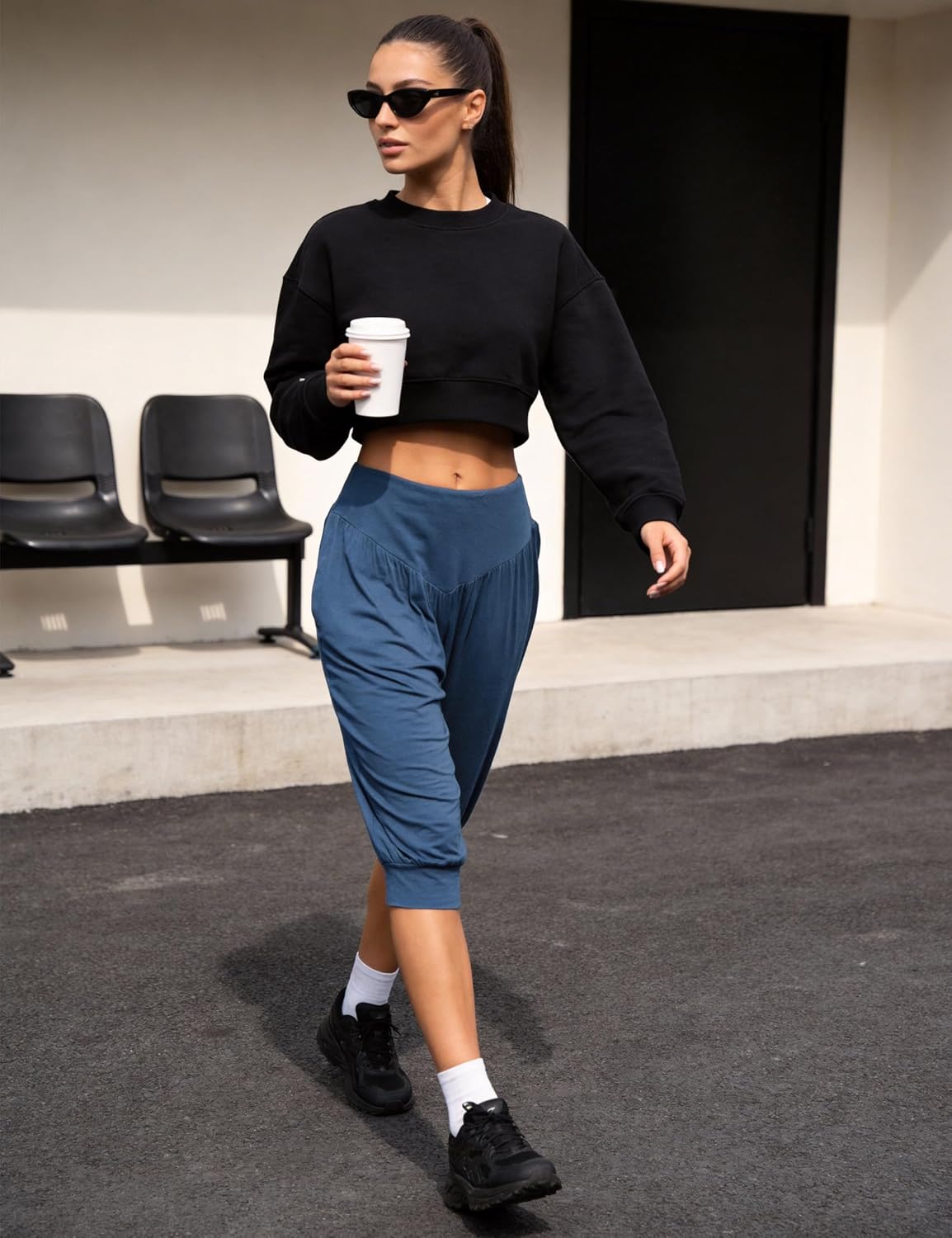 Detalle de Pantalon sarouel femme Terecey taille haute coupe ample 3/4 léger pour yoga, pilates et été