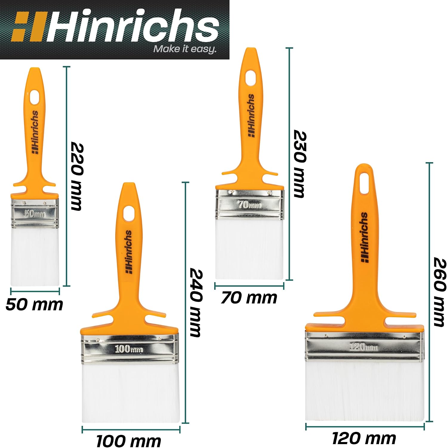 Detalle de Hinrichs Set di 4 Pennelli Vernice in Legno – Misure 50, 70, 100 e 120 mm