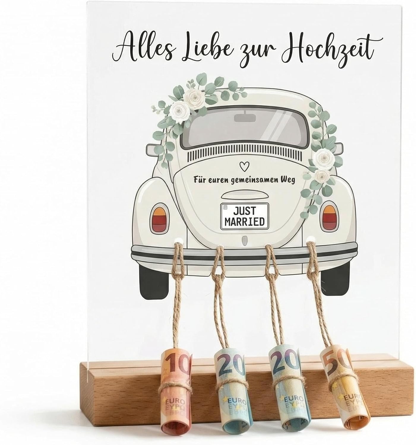 Kreatives Geldgeschenk Hochzeit – Acryl-Aufsteller mit Holzsockel, Vintage Auto Motiv