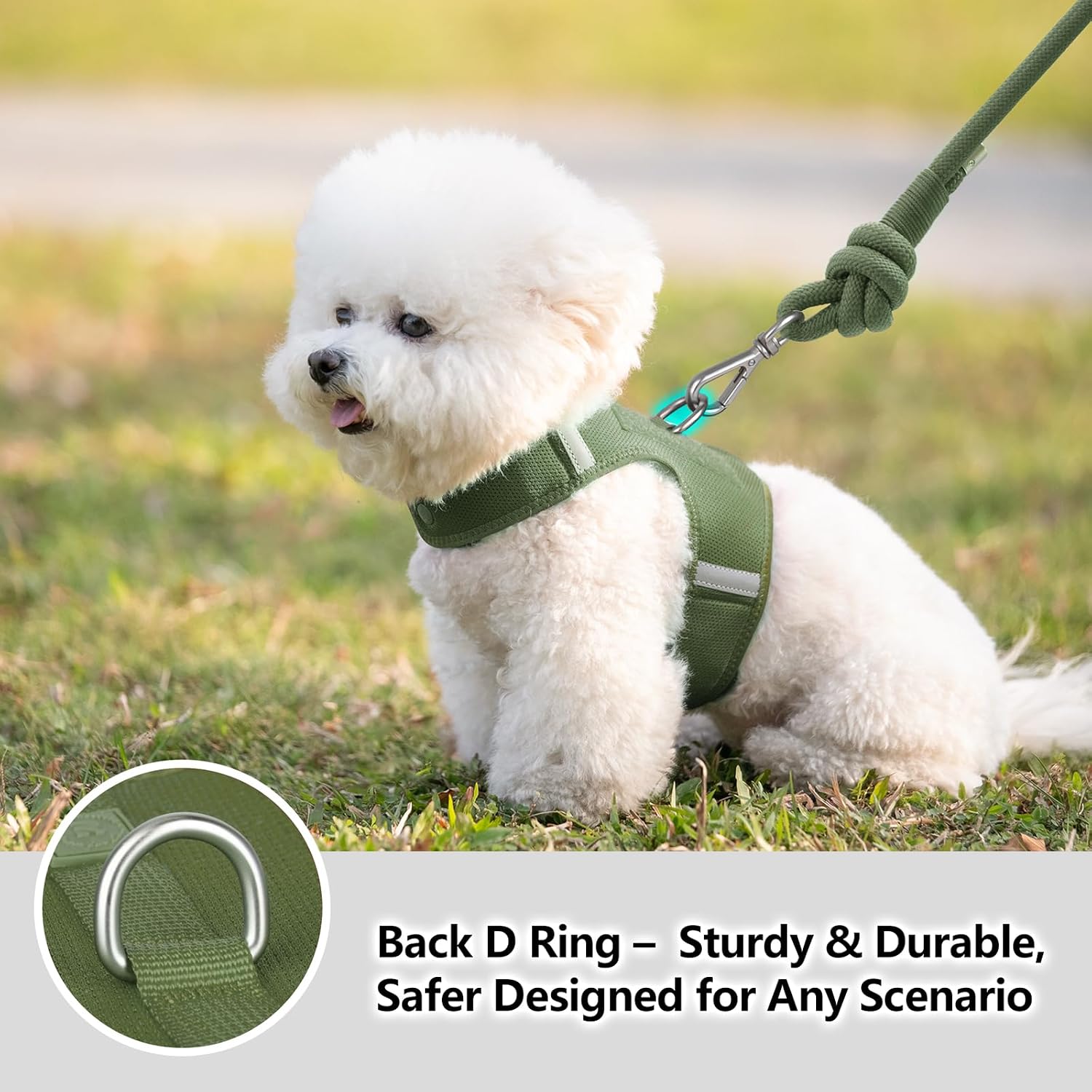 Detalle de Sunraymascota Small Dog Harness with Reflective Design (Misty Green, Size S) – Adjustable, Lightweight & Breathable