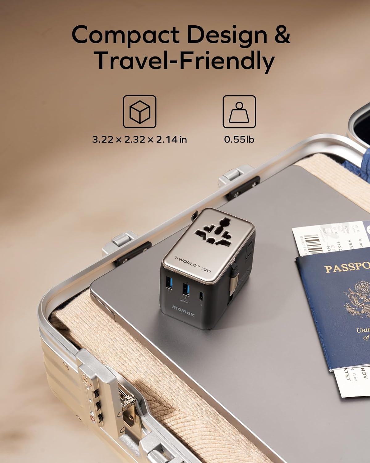 Thumbnail 4 de Momax Universal Travel Adapter with Cable, 70W GaN – 200+ Countries, 4 Plugs + 2 USB-C & 2 USB-A