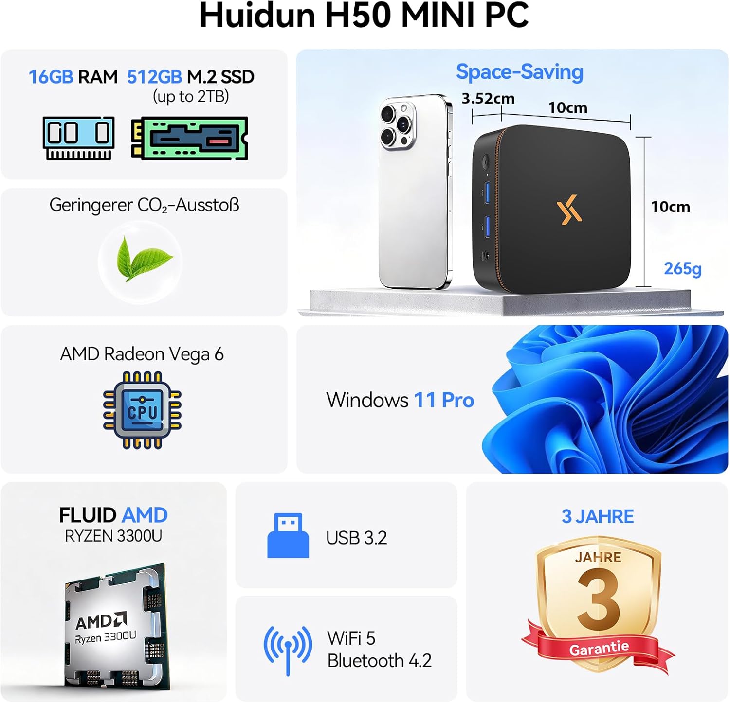 Thumbnail 1 de Huidun H50 Mini PC mit AMD Ryzen und Radeon Vega 6, 16 GB RAM, 512 GB SSD, Win 11 Pro – VESA, Dual WiFi, 4K@60Hz