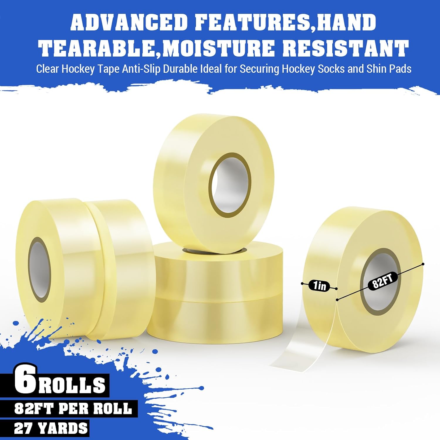 Detalle 2 de AGUZXTM Clear Hockey Tape, 6-Pack, 25 m Rolls for Socks and Shin Guards
