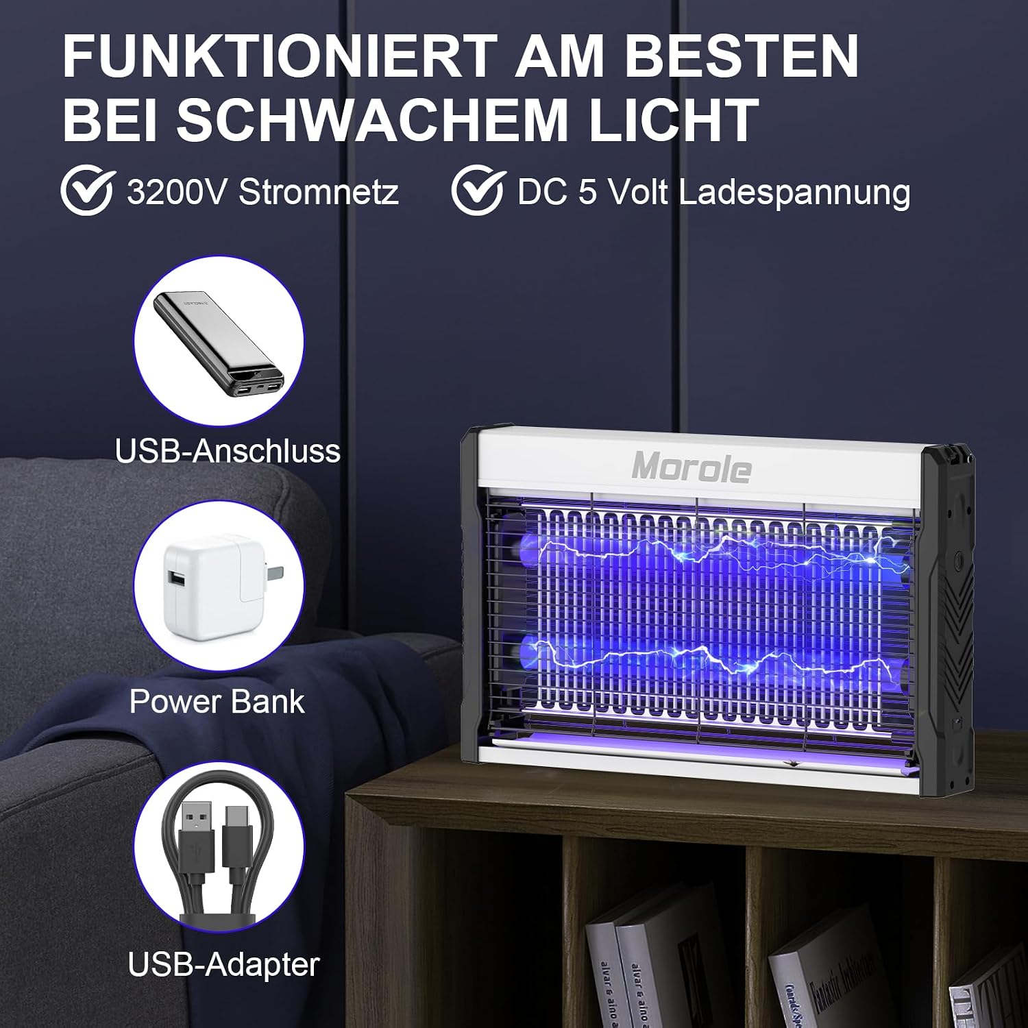 Detalle de Morole 3200V Insektenvernichter – 2 UV LED-Lampen, Wandmontage, Kabellösung, Innen & Außen