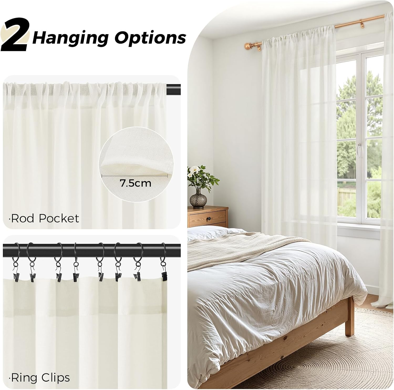 Detalle de MRTREES Off-White Voile Curtains with Rod Pocket (2 Panels) – 46 x 54 Inches, 70GSM Semi-Sheer