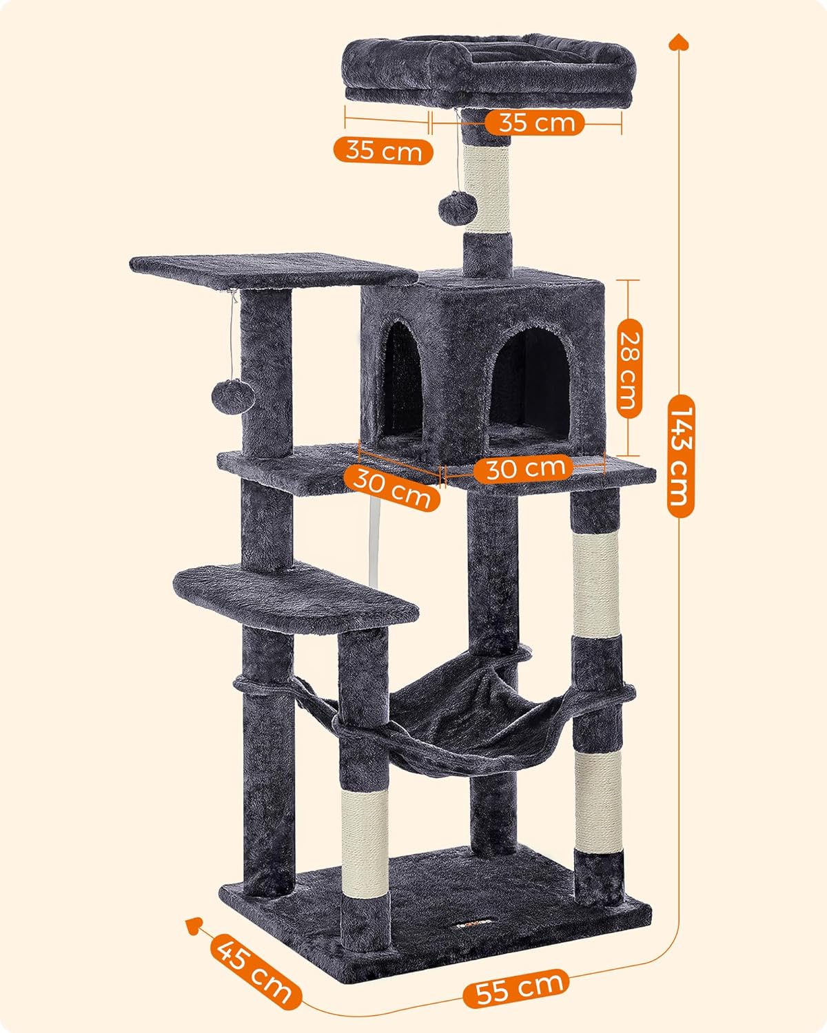 Thumbnail 6 de Feandrea Albero per gatti alto 143 cm con 4 pali graffiatoi, amaca e grotta (PCT161G01) – Grigio fumo