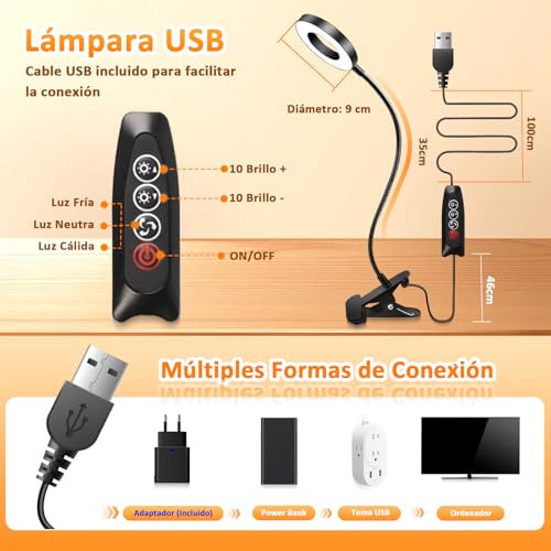 Thumbnail 2 de Akynite lámpara de escritorio con clip USB de 7 W, 48 LED regulables y 3 colores