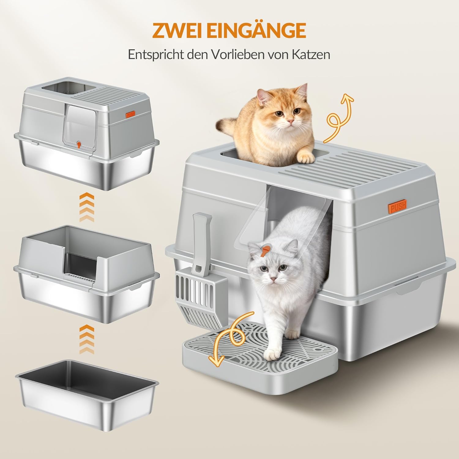 Thumbnail 1 de Fobyfurny Katzenklo aus Edelstahl mit Deckel (XL, 60 x 40 x 38 cm) – geschlossen mit Trittstufe, Schaufel und zwei Eingängen